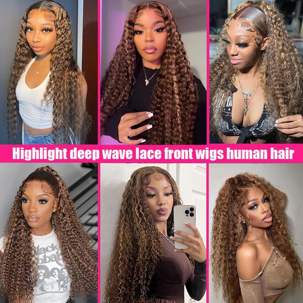 26 Inch Highlight Ombre Deep Curly Honey Blonde HD Lace Front Wigs Human Hair Pre Plucked Deep Wave Frontal Wig 13x6 HD Transparent Lace Front Wigs 4/27 Glueless Wigs 180% Density