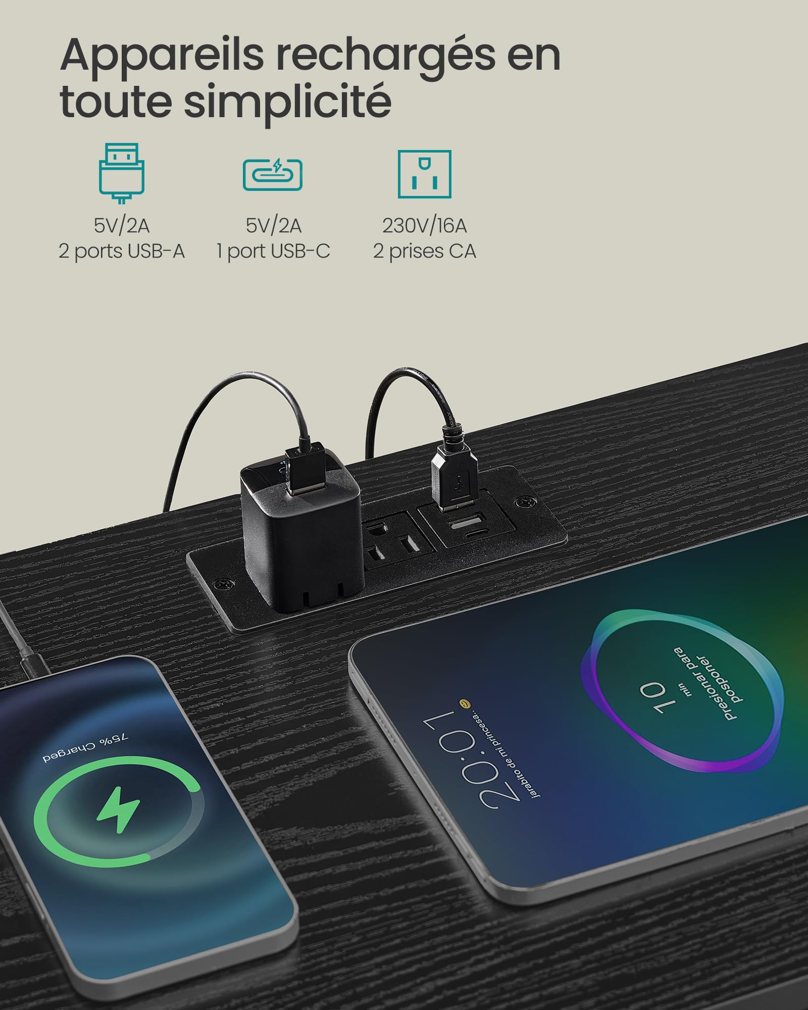 SONGMICS Table de Chevet avec Multiprise, Table d'Appoint avec Éclairage LED Réglable, Style Moderne, 1 Étagère Ouverte et 3 Tiroirs, Noir d'encre et Noir boisé, BELLAH Collection LGS303BH02