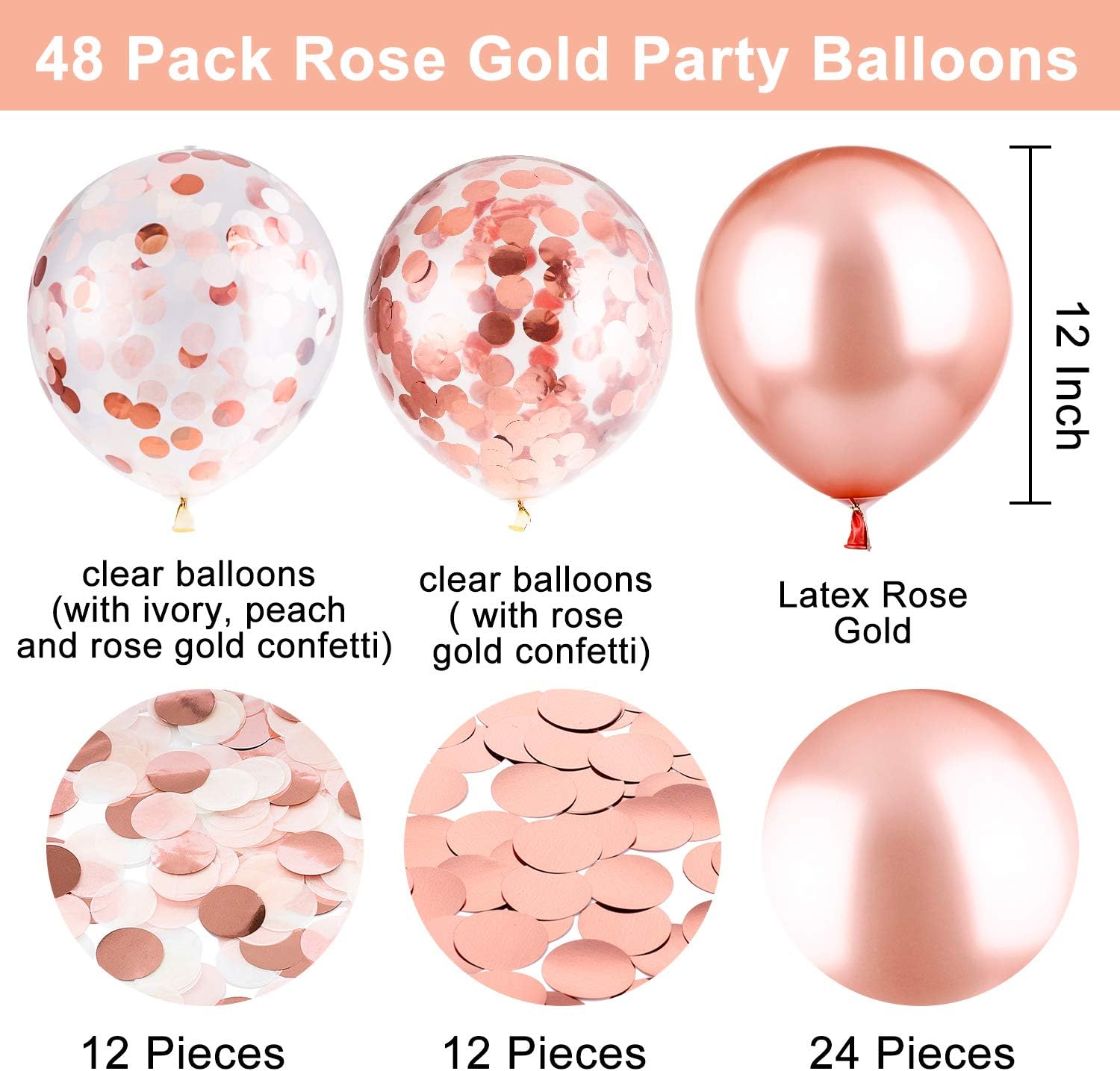 Whaline 52 Pack Rose Gold Party Wedding Decoration Set, Include 48 Pcs Rose Gold Confetti Balloons with 2 Rolls Foil Ribbon and Foil Curtain,12x108 Inches Sequin Table Runner for Valentine Birthday