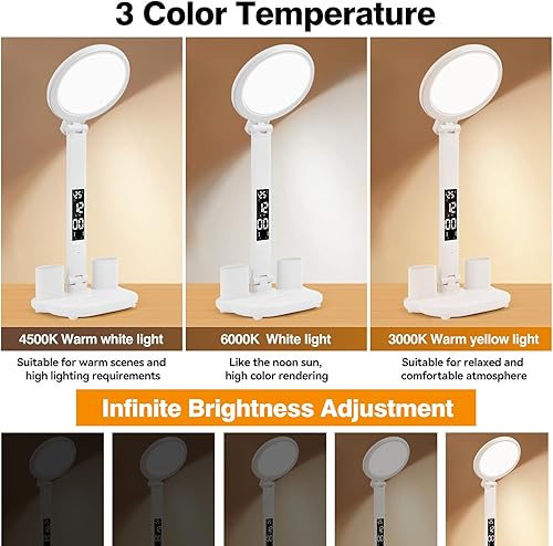 Miniatura 3 de YMDD Lámpara de escritorio con puerto de carga USB, regulable, 3 modos de color, luz de escritorio de oficina con reloj, alarma, fecha, temperatura,