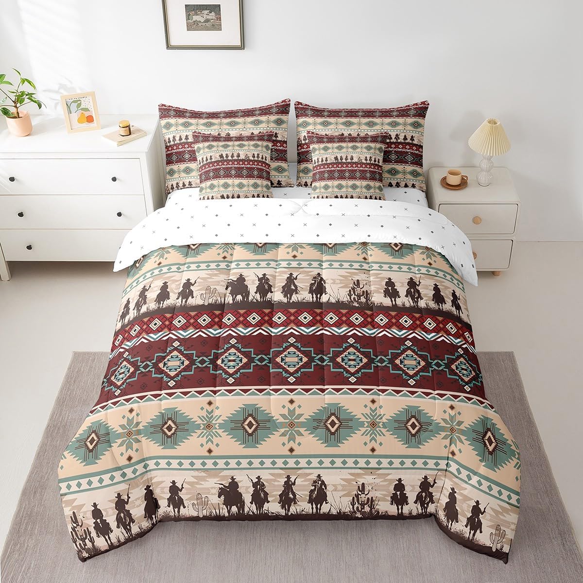 Feelyou Western Comforter Set Full Size 7 Pieces Comforters Brown Red Cowboy Bedding Set Boho Southwestern Cowboy Bed Set Bed in a Bag with Comforter, Sheets, Pillowcases & Cushion Covers