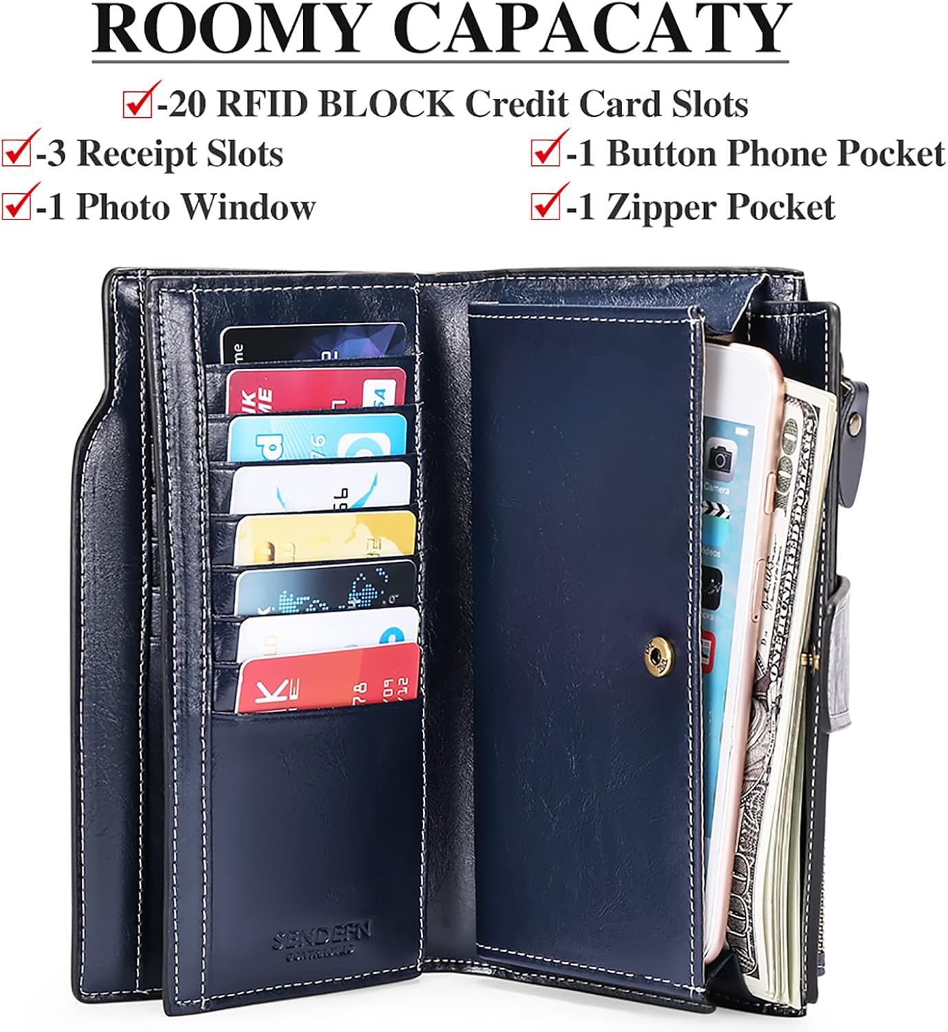SENDEFN Ladies Purse,Large Capacity Genuine Leather Women's Wallet with Multiple Card Slots, Blue - Image 3