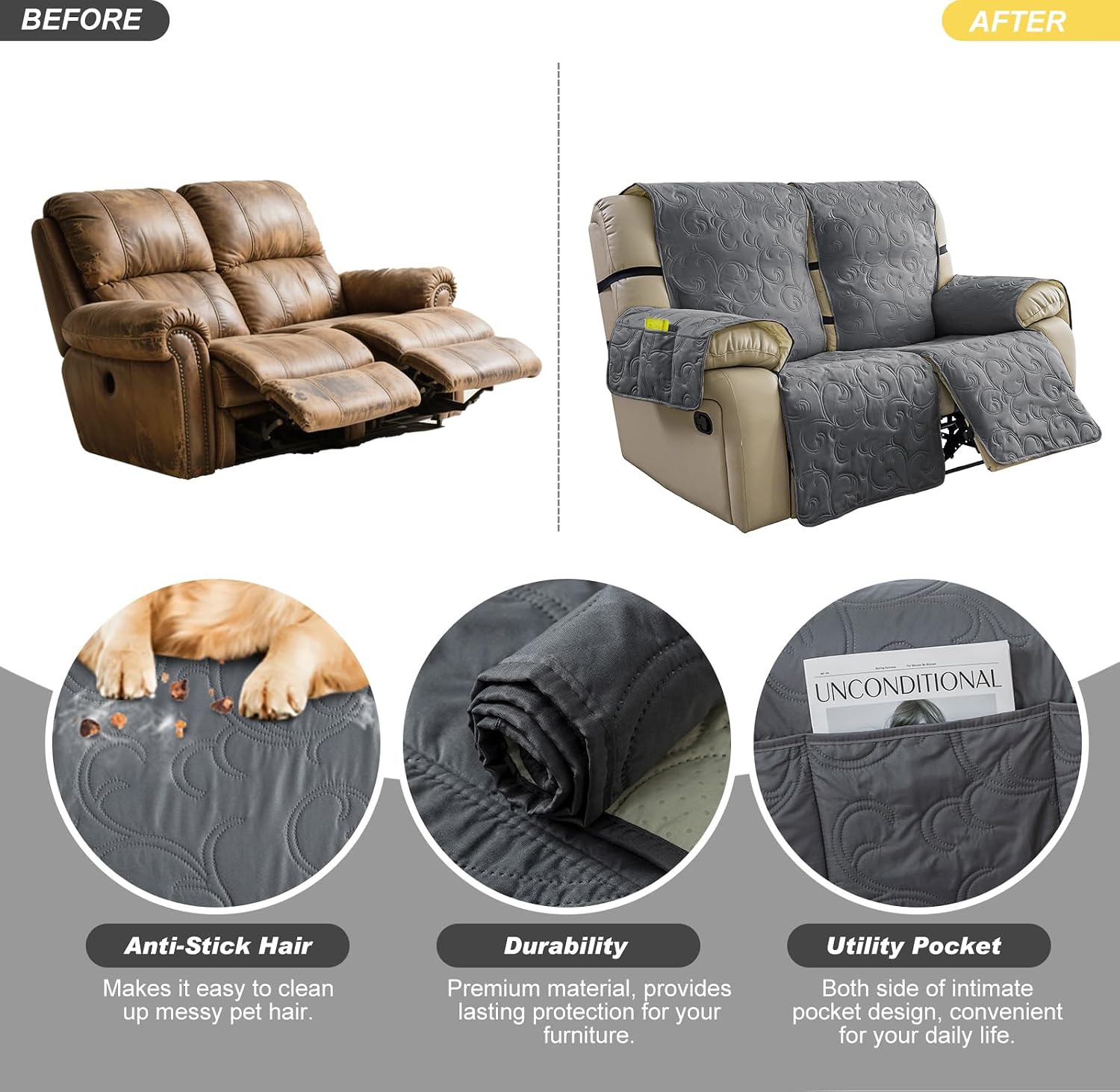 Waterproof Loveseat Recliner Cover, 2 Seater 4 Piece Split Non-Slip image 4