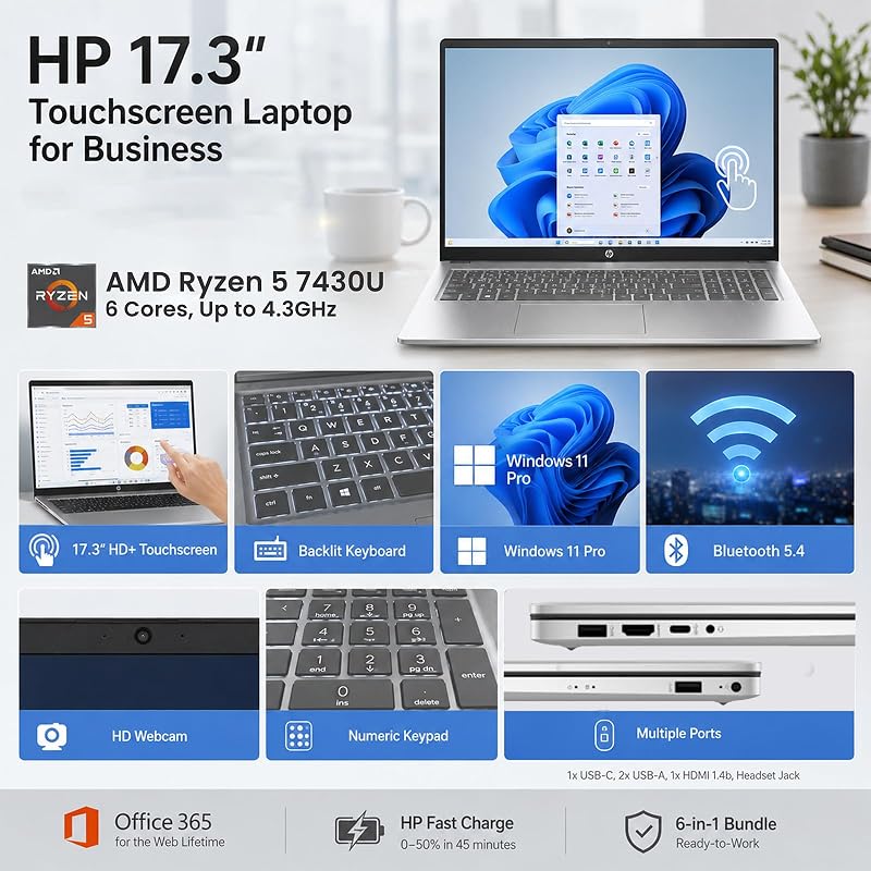 HP 17-inch Touchscreen Laptop for Business, 8GB RAM, 256GB SSD, AMD Ryzen 5 7430U, HD+ Anti-Glare, Wi-Fi 6, HDMI, Win 11 Pro, Backlit Keyboard, w/Laptop Bundle, Silver image 2