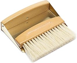Navaris Set Scopino e Paletta 15,5 x 10 x 4 cm - Spazzola per Briciole da Tavolo - Raccogli Briciole da Tavola - con Manico Legno Faggio - Setole PBT Crine Cavallo - Metallo - Oro