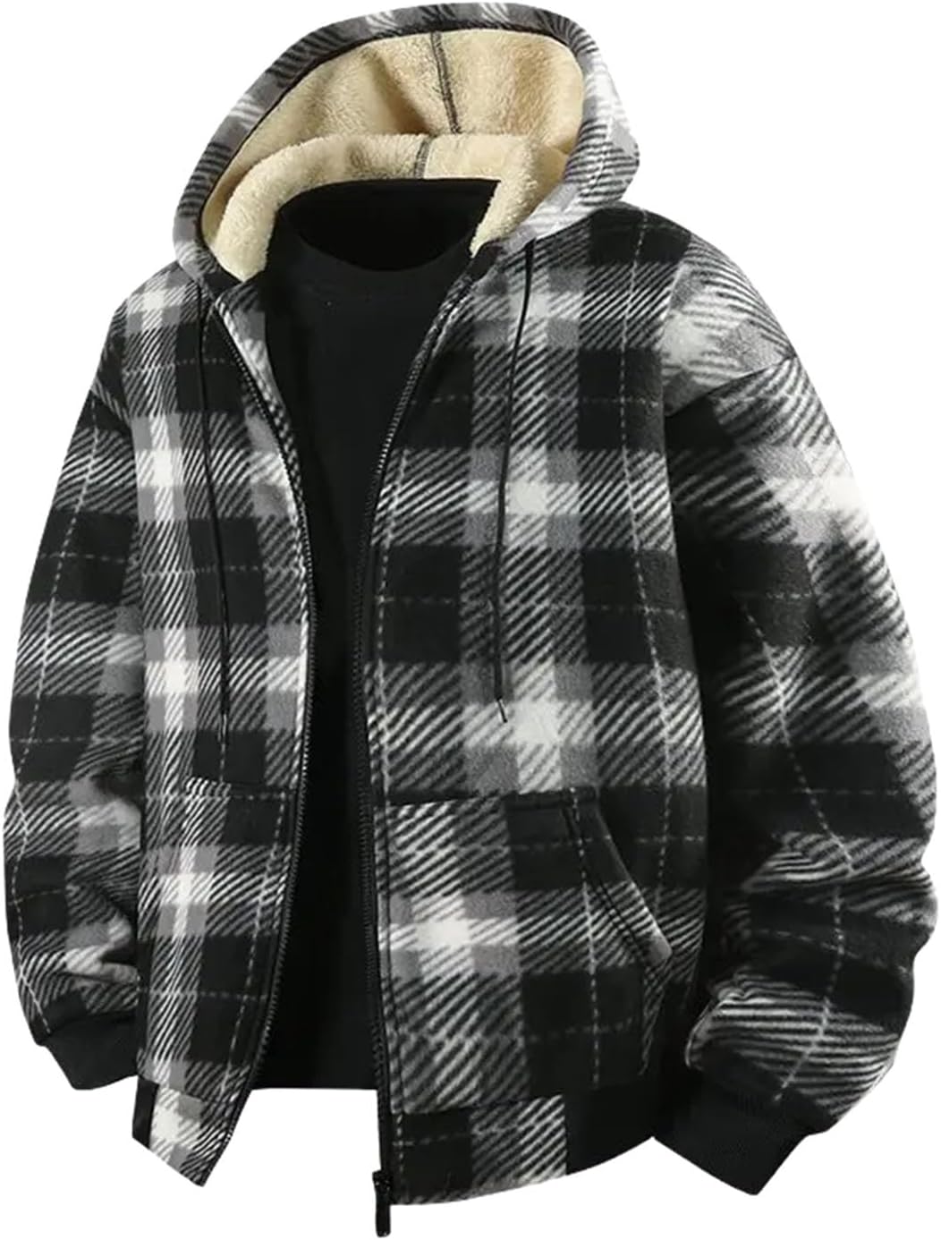 Men's Thick Fleece Grid Jacket Casual Loose Warm Lamb Fleece Winter Outerwear