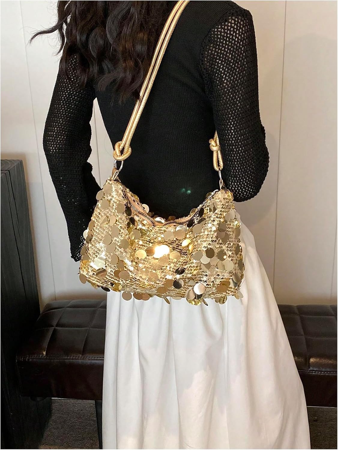 GORGLITTER Women's Metallic Sequin Purse Bags Square Hobo Bag Sparkling Knot Strap Shoulder Handbags - Image 5