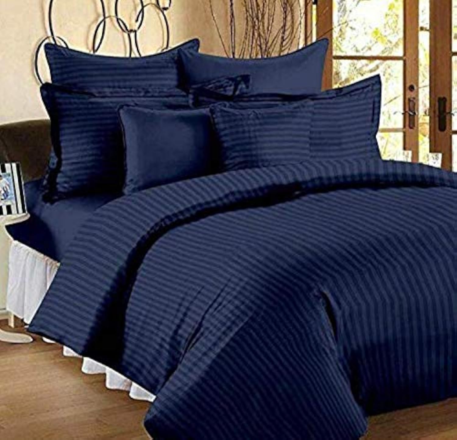 Ab Home Decor Microfiber 210TC Plain Satin Stripes AC Comforter Set King Size Double Bed with 1 Flat bedsheet-90x100 inch and 2 Pillow Covers II 4pc Bedding Set for Home-Hotels-Blue