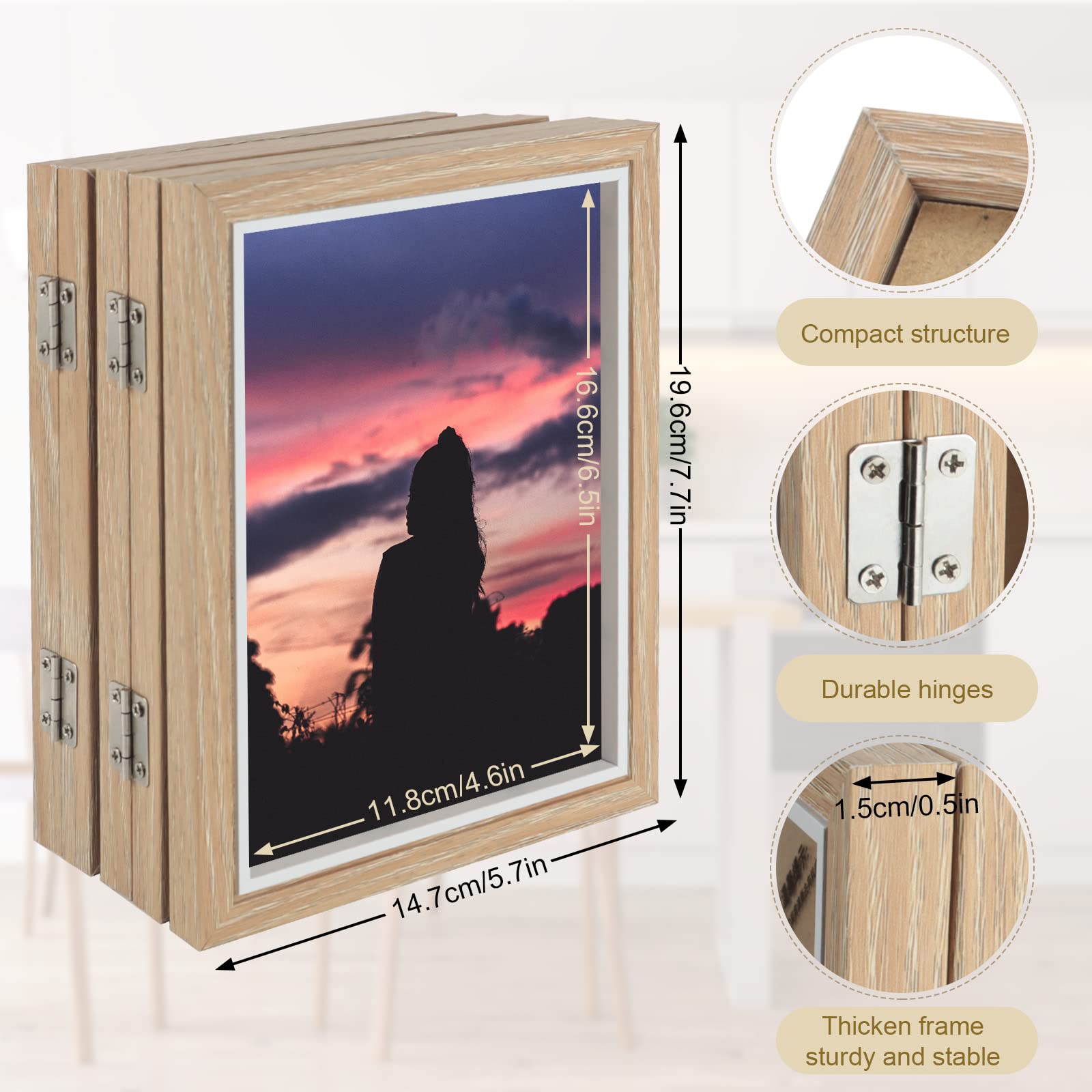 5 Hinged Picture Frame, 5" x 7" Folding Photo Frame with High Definition Acrylic, Wood Made Family Picture Collage Desk Decor - Image 4