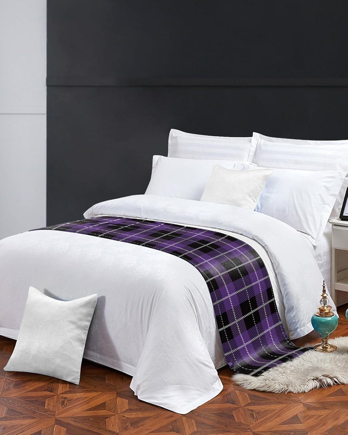 Bed Runner Halloween Bedroom Bedding Scarves for King Size Bed, Chic Checker 102x20In Bed Runners Scarf for Hotel Guestroom Wedding Room Decortions Classic Purple Black Buffalo Tartan Plaid