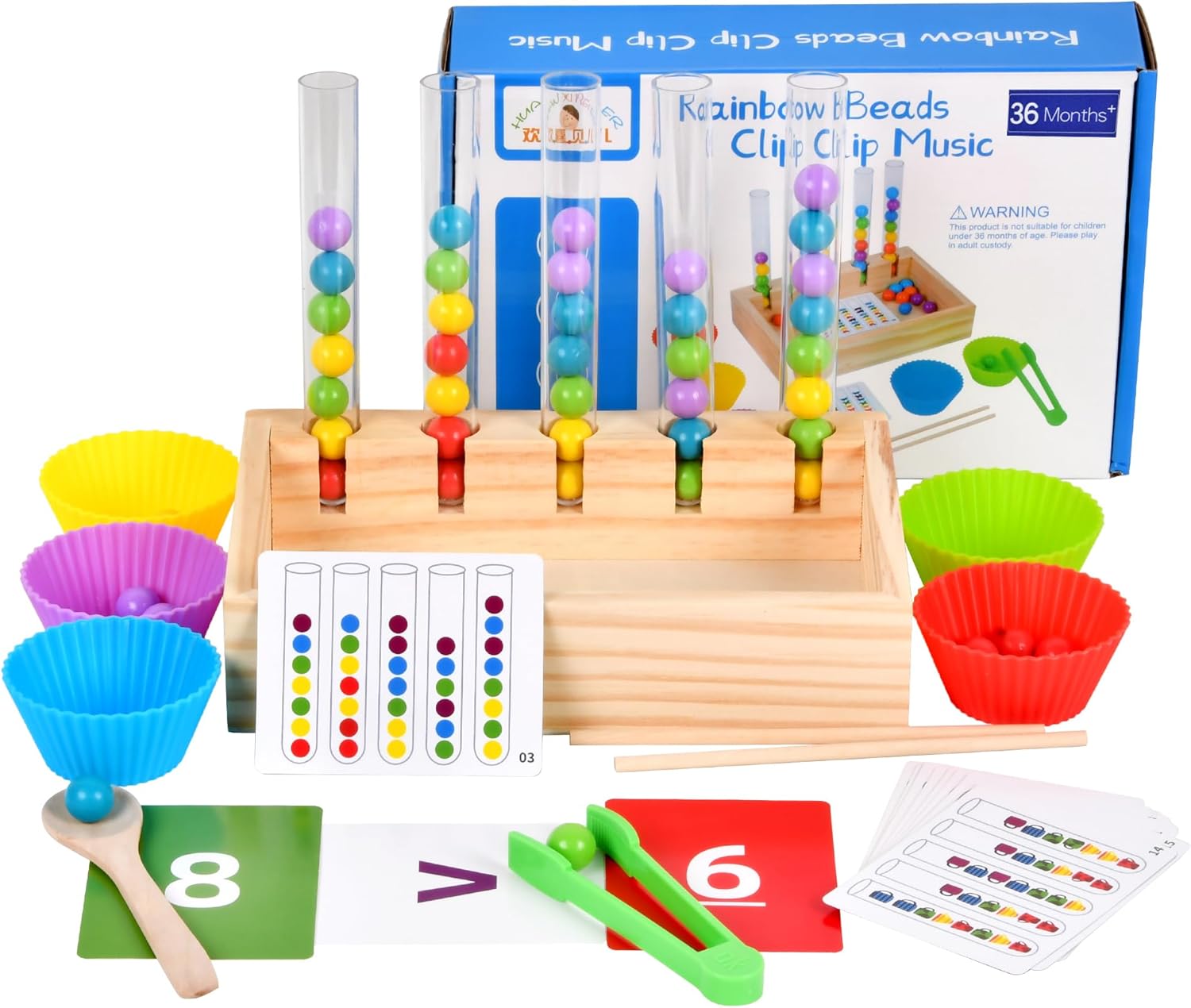Wooden Montessori Bead Game Building Block Baby Rainbow Stack Matches Counting Color Sorting, boosts fine Motor and Math Skills, for 3+ Year Old Boys and Girls, Birthday Gift (Test Tube Bead)