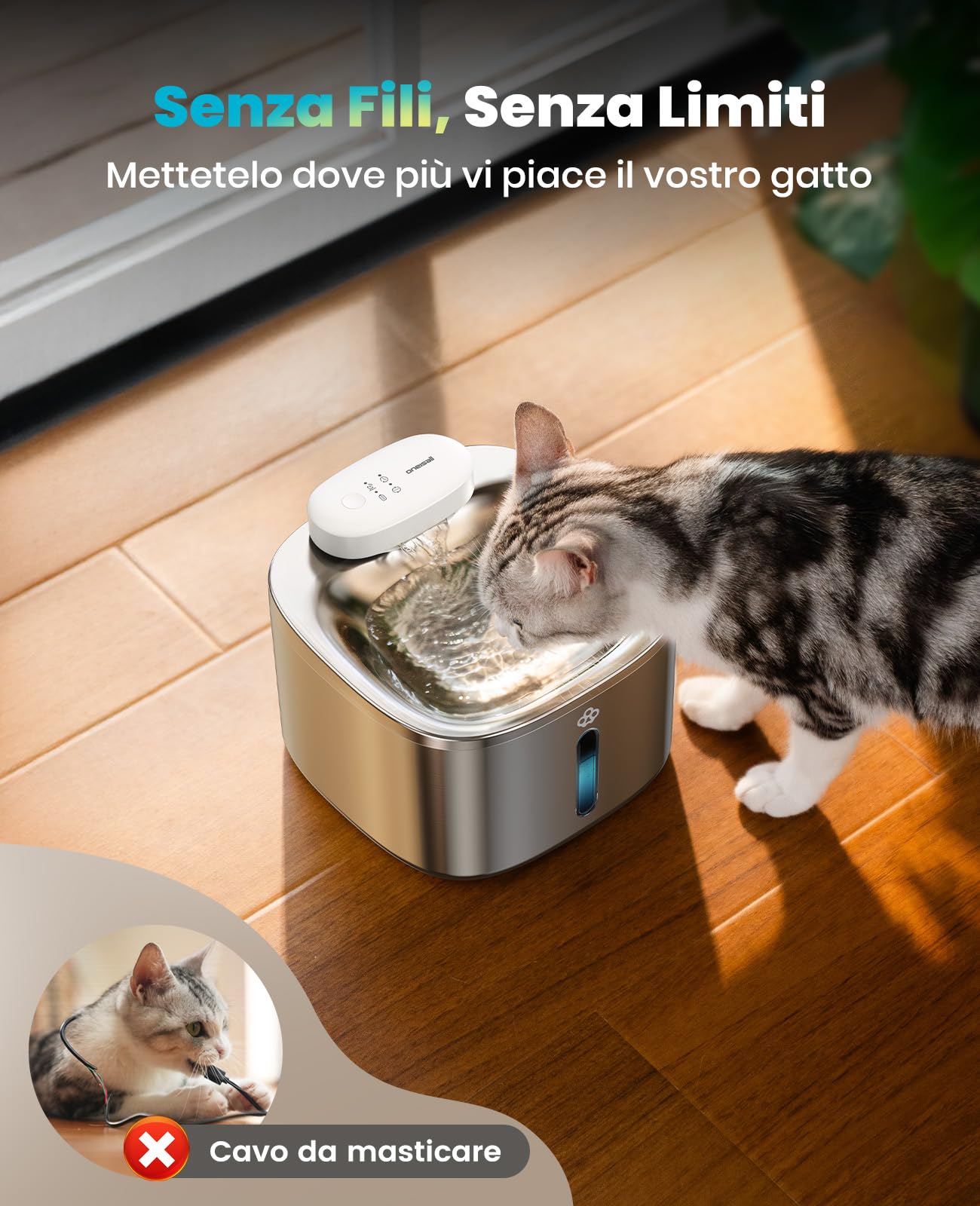 oneisall Fontana per gatti senza fili, Fontana per gatti da 3,5L in acciaio inox, batteria da 5000 mAh, fontanella per gatti con rilevatore di movimento, pompa dell'acqua silenziosa, 3 filtri