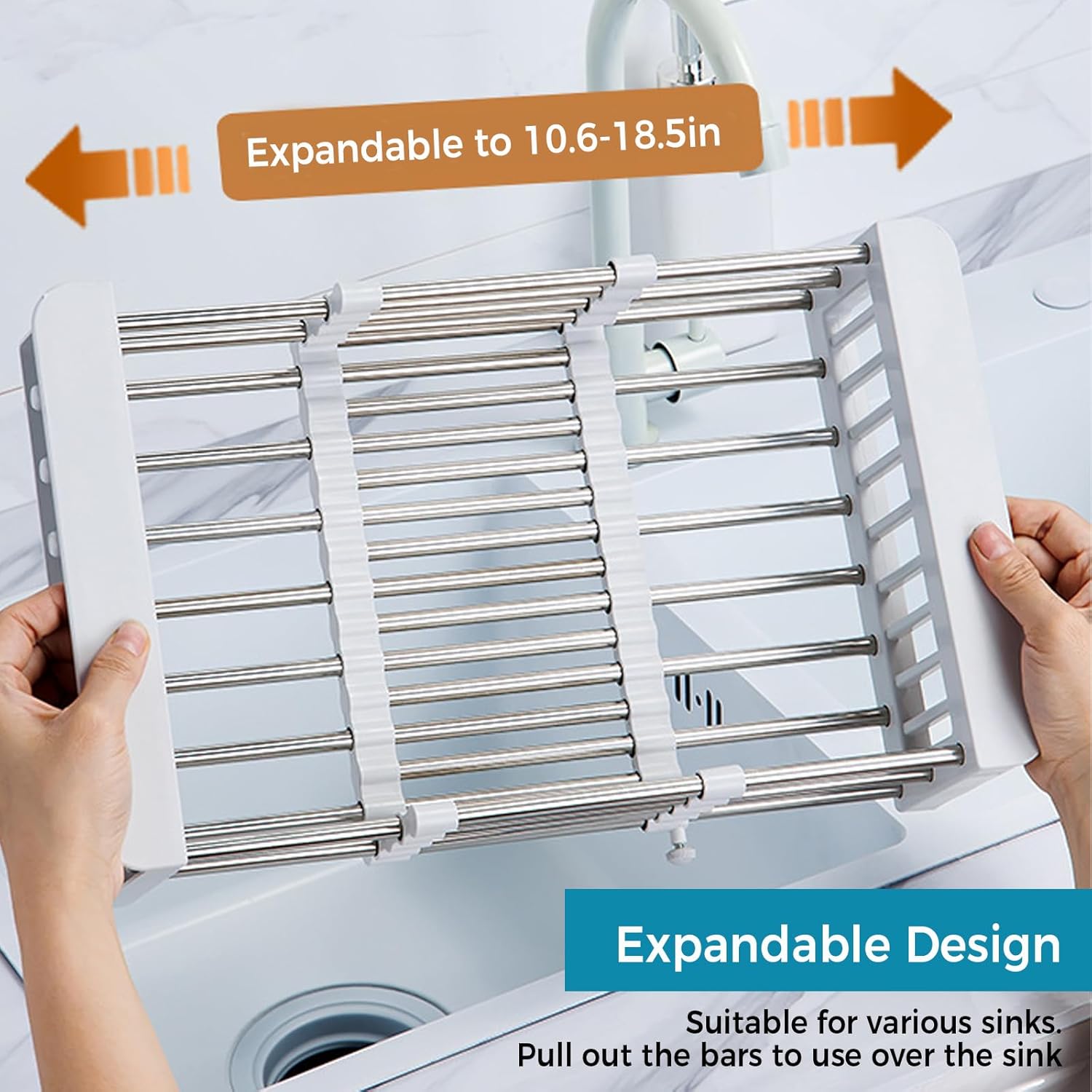 COVRA Over Sink Dish Drying Rack, Stainless Steel Drainer for 10.6"-18.5" Sinks (Square Sinks ONLY), Kitchen Countertop Organizer for Dishes, Vegetables, and Fruits(Gray)