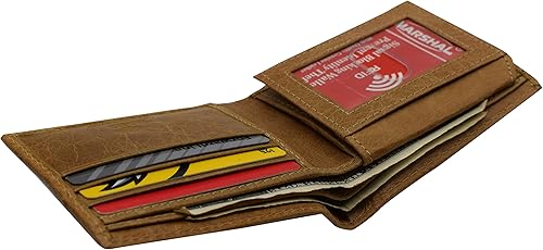 Vista 7 de MARSHAL Cuero de vaca para hombre RFID bloqueo solapa para arriba ventana de identificación plegable marrón cartera para hombres, Marrón (Dark Tan)