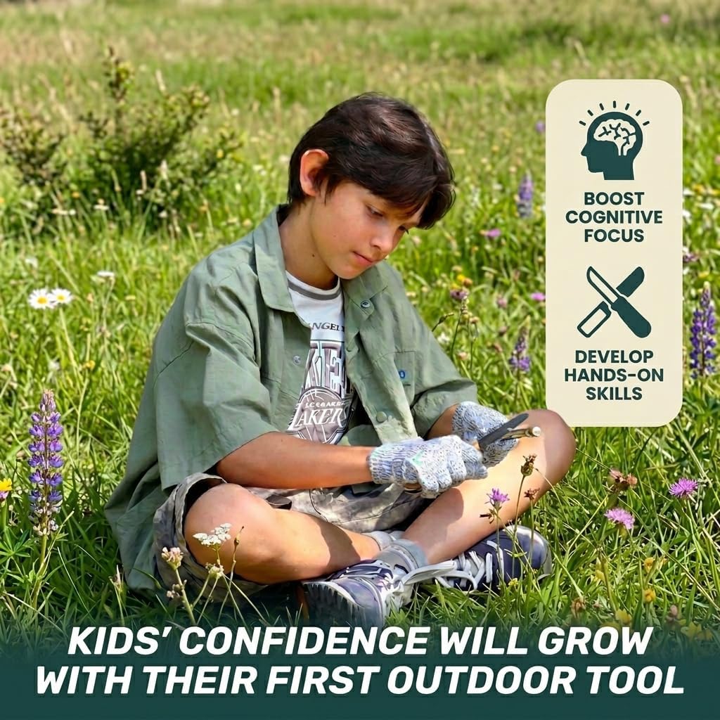 Gribo Kids Pocket Knife for Beginners, Safe Folding Knife with Safety Lock & Rounded Tip, Olive Wood Handle, Outdoor Camping & Food Prep, Whittling Knife for Kids, Includes Gloves & Leather Sheath