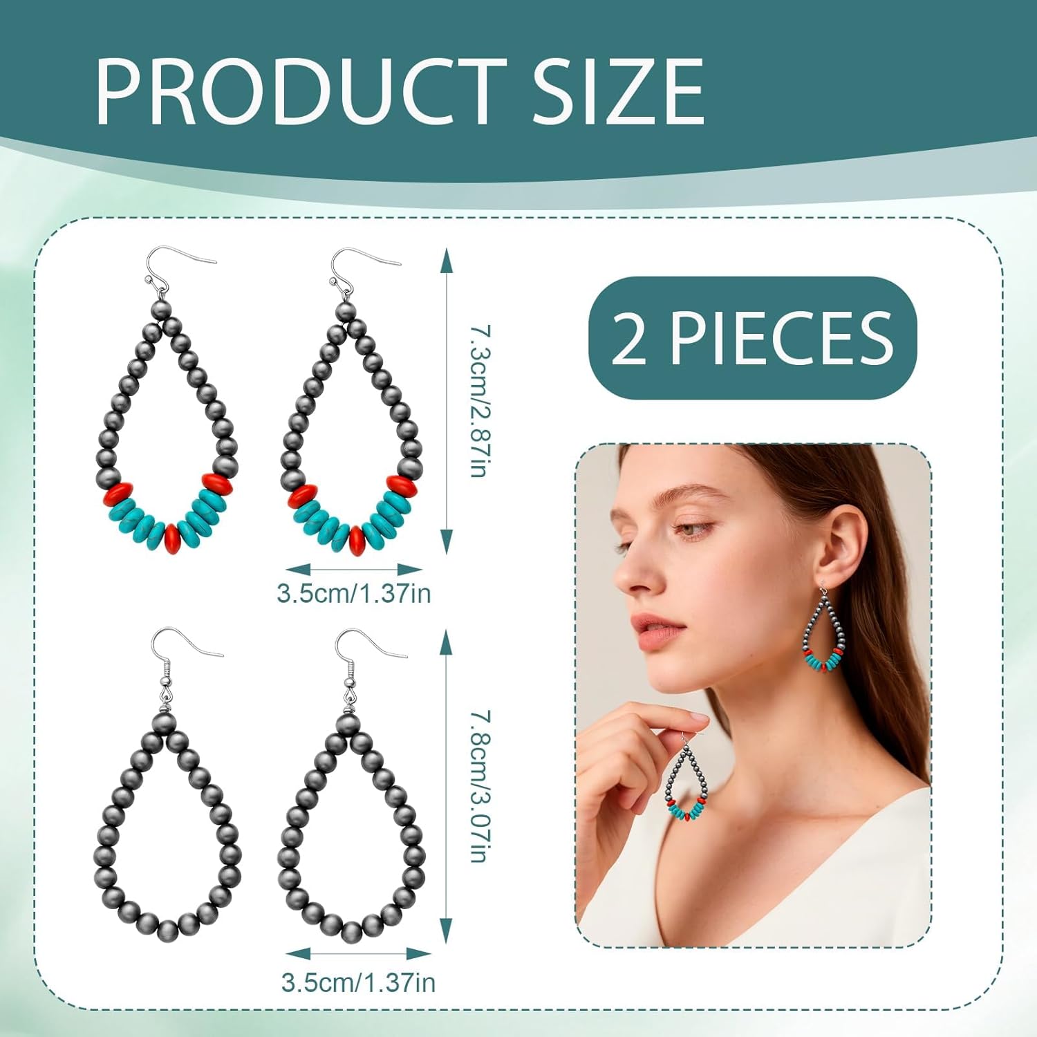 2 Pairs Navajo Pearl Earrings,Western Pearl Turquoise Stone Earring,Boho Beaded Teardrop Earrings,Cowgirl Vintage Drop Dangle Earrings,Western Jewelry Gifts for Women - Image 2