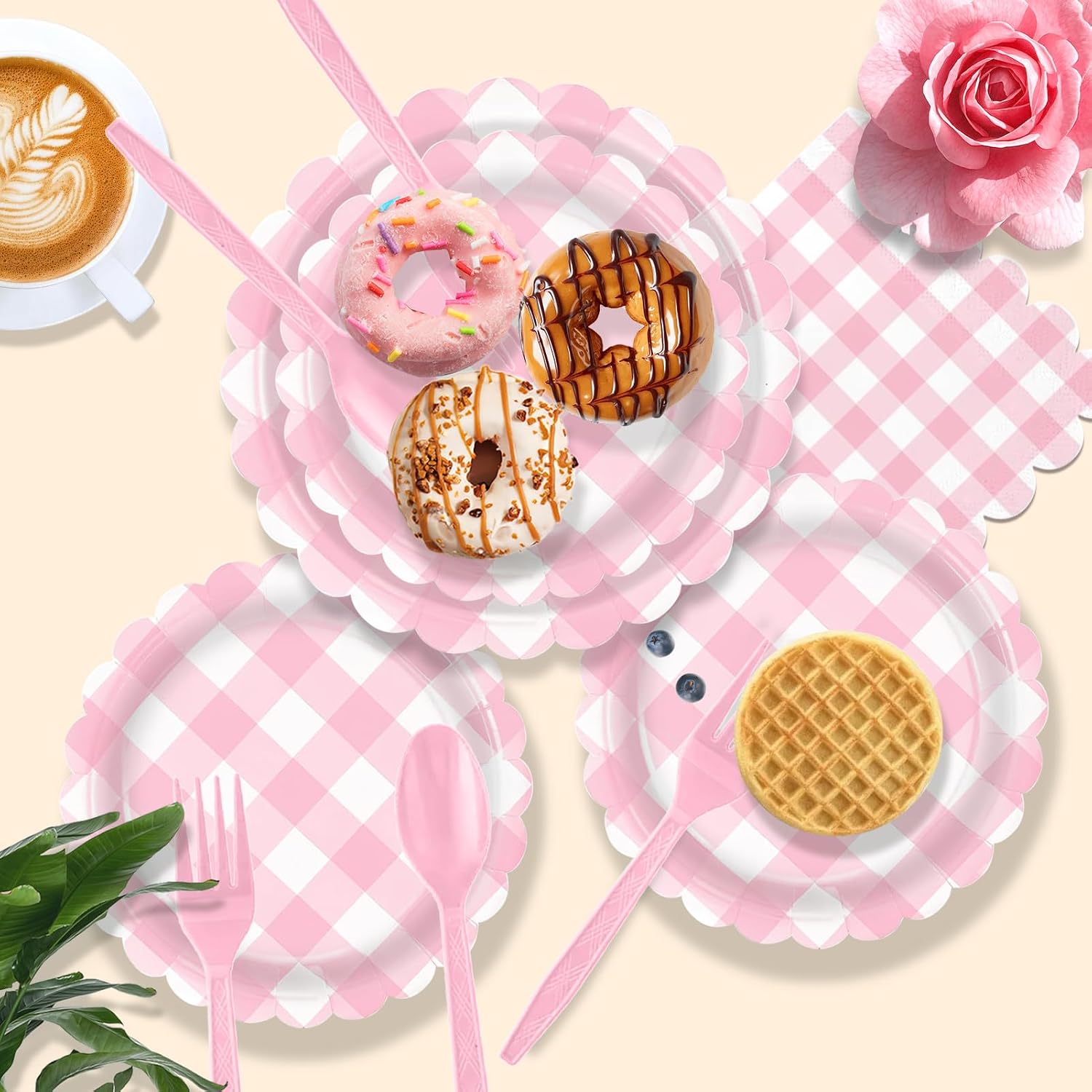 192 PCS Gingham Party Supplies Serve 24 Guests Gingham Plates and Napkins and Cups for Birthday Decorations Baby Shower Checkered Party Supplies Dinnerware Sets for Girl Boy (Pink2)