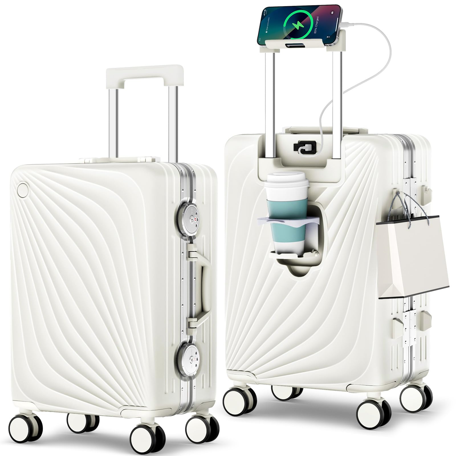 Carry On Luggage, Hardside Zipperless Suitcase, Ivory White, 20 in