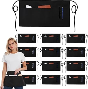 DUSKCOVE 12 Pack Server Aprons with 3 Pockets - Waitress Half Aprons for Women Men Water Resistant with Long Waist Strap