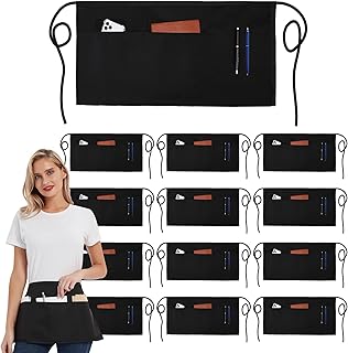 DUSKCOVE 12 Pack Server Aprons with 3 Pockets - Waitress Half Aprons for Women Men Water Resistant with Long Waist Strap
