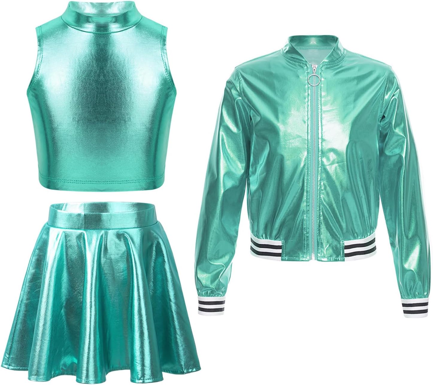 Agoky 3Pcs Girls Metallic Dance Dress Outfits Shiny Crop Top for Dancing Festival Hip-hop Jazz Performance Dancewear