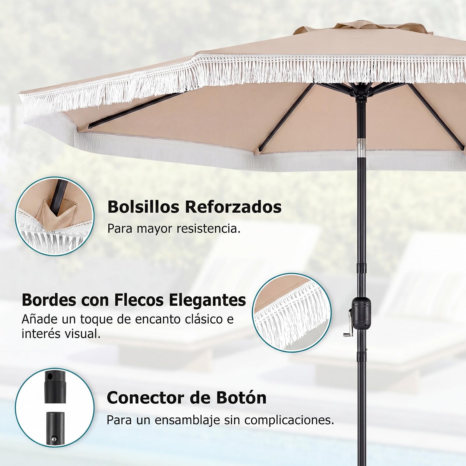 COSTWAY 270 cm Sombrilla Terraza Exterior, Parasol Reclinable de Jardín con Inclinación Bidireccional de 30°, 8 Varillas Metálicas, Manivela y Volantes/Flecos Decorativos para Patio