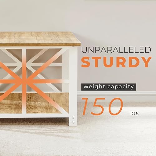 Miniatura 22 de GreenForest Mesa auxiliar con esquina redonda, mesa central de granja con estante de almacenamiento de 2 niveles, diseño de marco en X para sala de