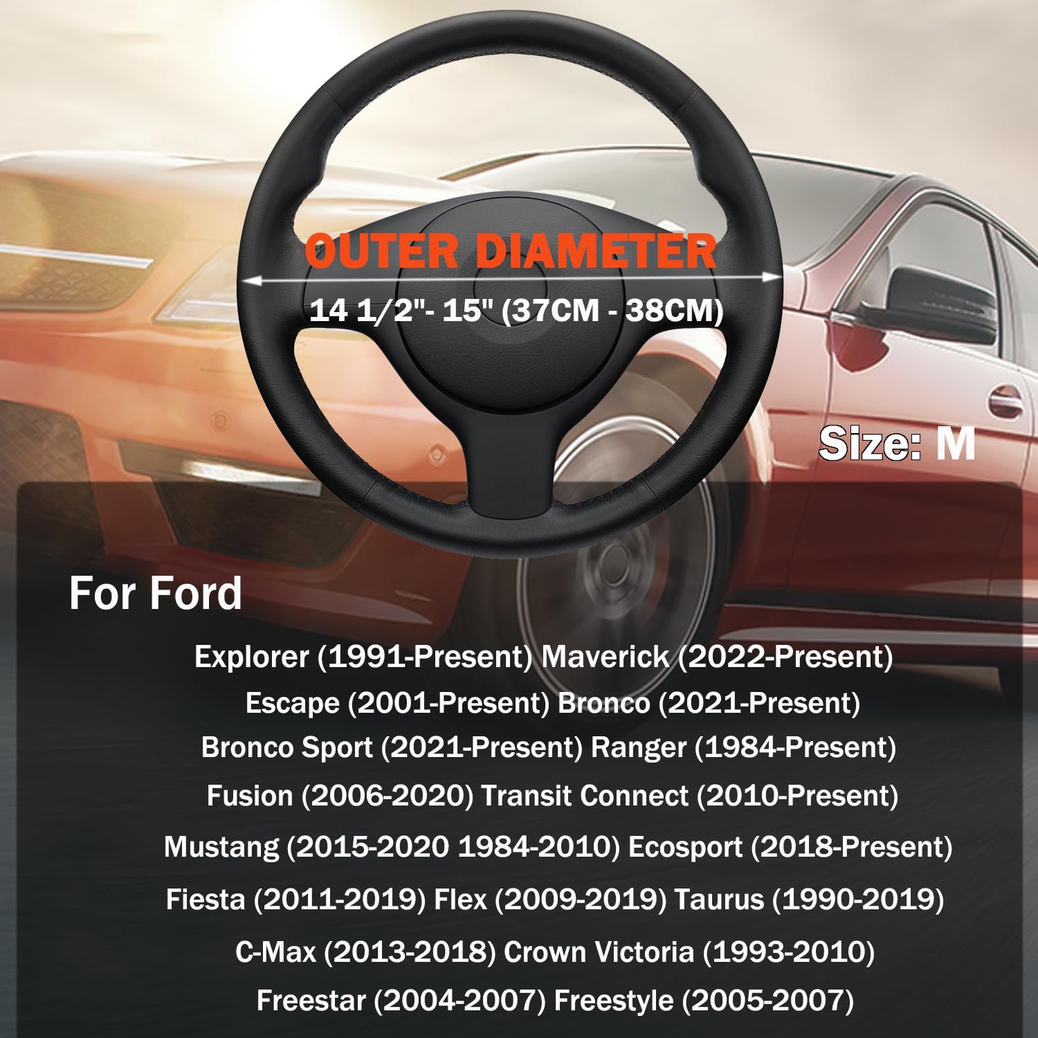 XHRING Car Steering Wheel Cover for Ford Fusion Mustang Bronco Bronco Sport Ranger Maverick Edge Explorer Escape Focus — view 8