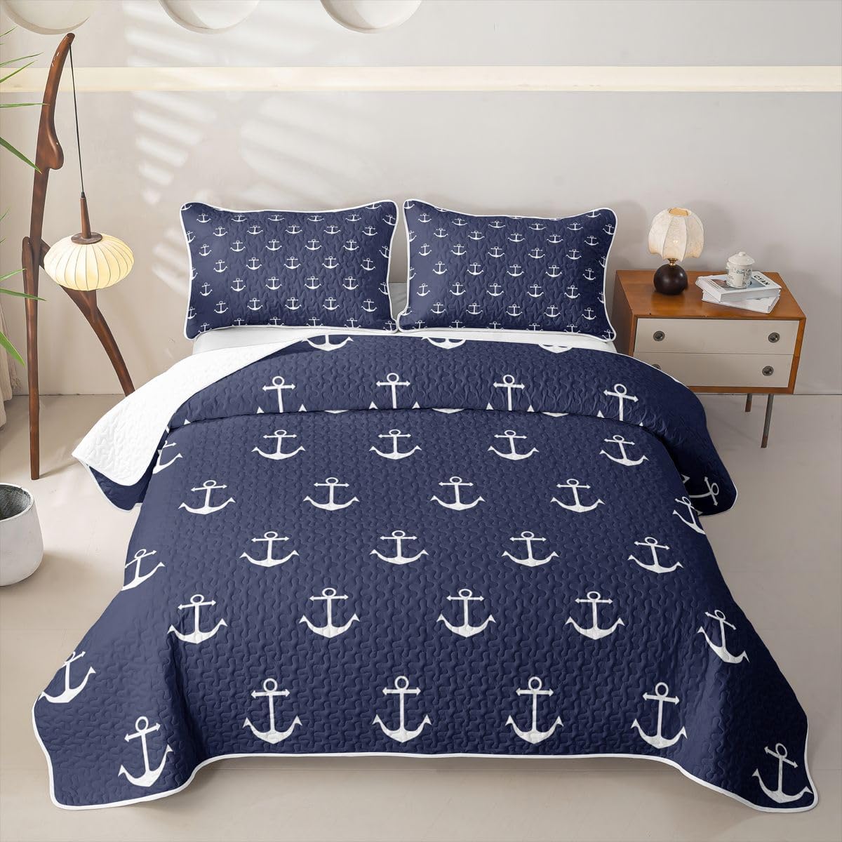Homewish Nautical Anchor Queen Size Quilted Bedspread,Nautical Theme Coverlet Set,Ocean Sail Boat Microfiber Lightweight Quilt Bedding,Navy Blue Bed Covers for All Season,2 Pillowcases