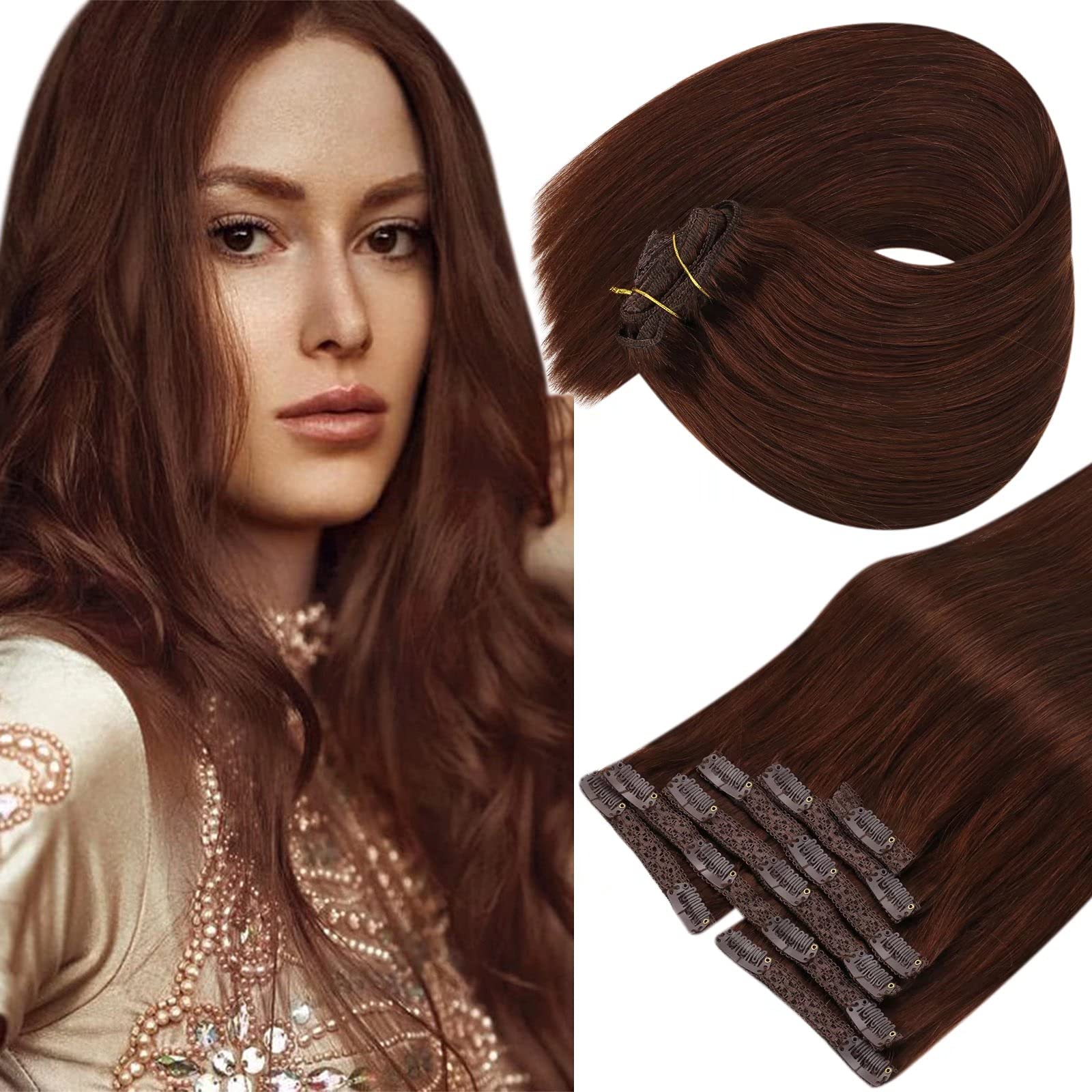 Sunny Clip in Hair Extensions Real Human Hair Auburn Thick Hair Extensions Human Hair Clip in #33 Au