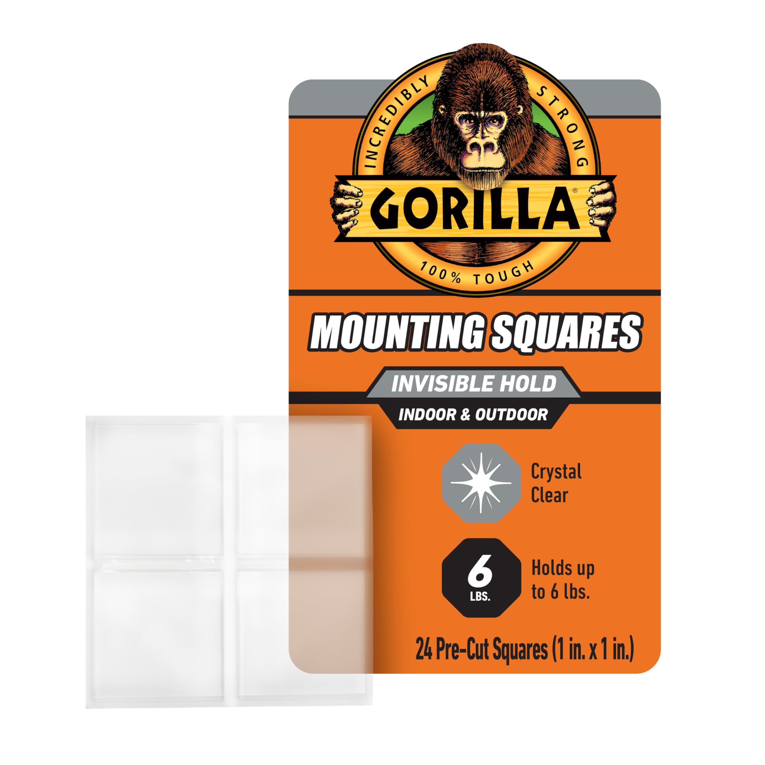 Gorilla Tough & Clear Double Sided Mounting Tape Squares, 24 1" Pre-Cut Squares, Clear, (Pack of 1)