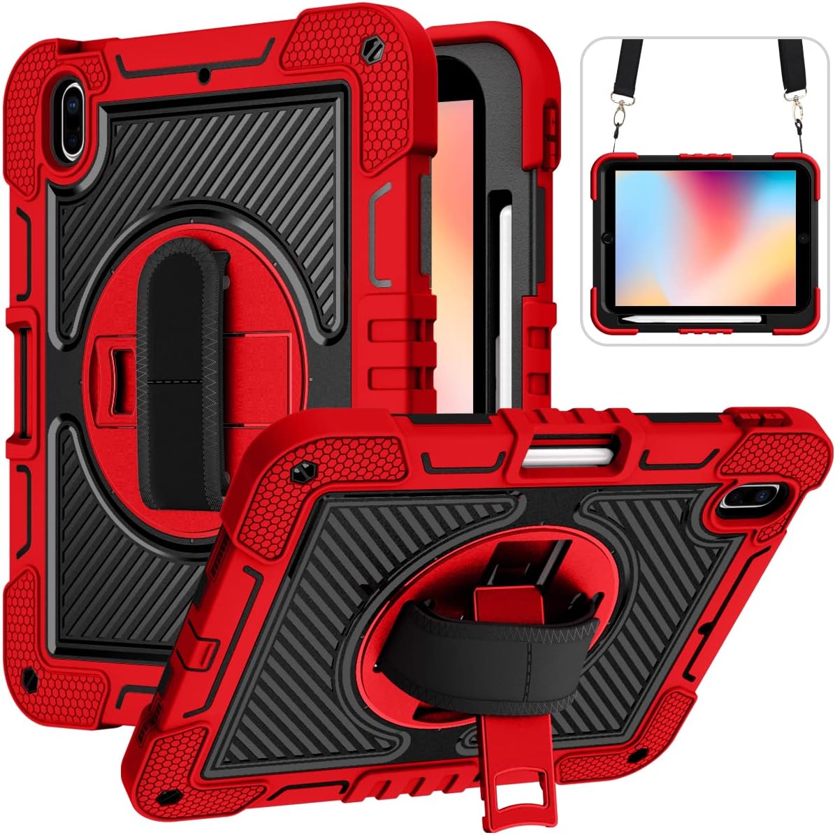 Shockproof Case for iPad (A16) 2025 11-inch, iPad 10th Gen 2022 Carrying Case with Hand Strap+Pencil Holder, Techcircle Heavy Duty Rotating Kickstand Rugged Protective Cover, Red