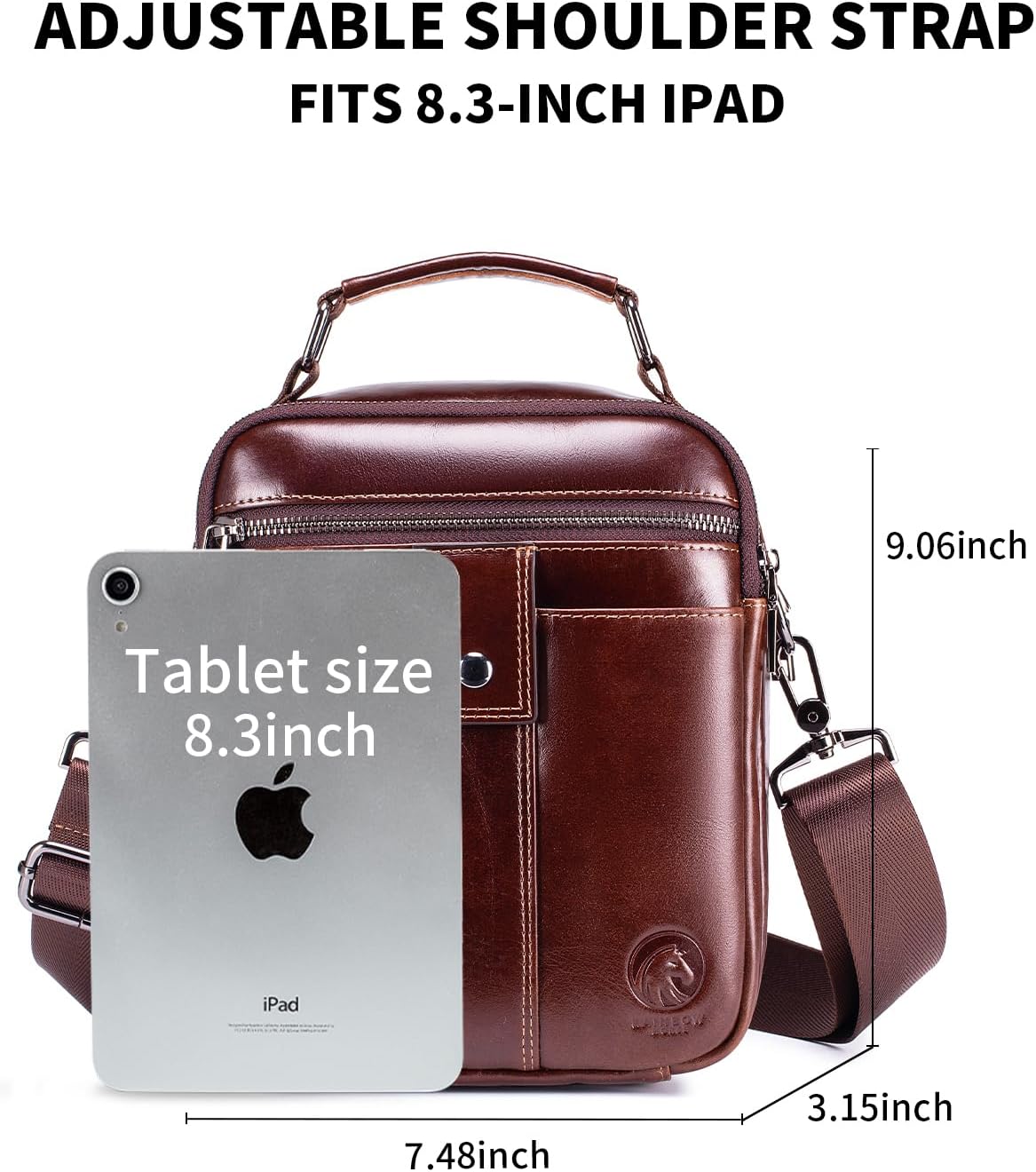 RAINBOW HORSE Men's Full Grain Leather Crossbody Bag, Vintage Genuine Leather Shoulder Bag, Multi-Pocket Casual Messenger Bag with Top Handle & Adjustable Strap for Daily Work, Travel, Casual Outings