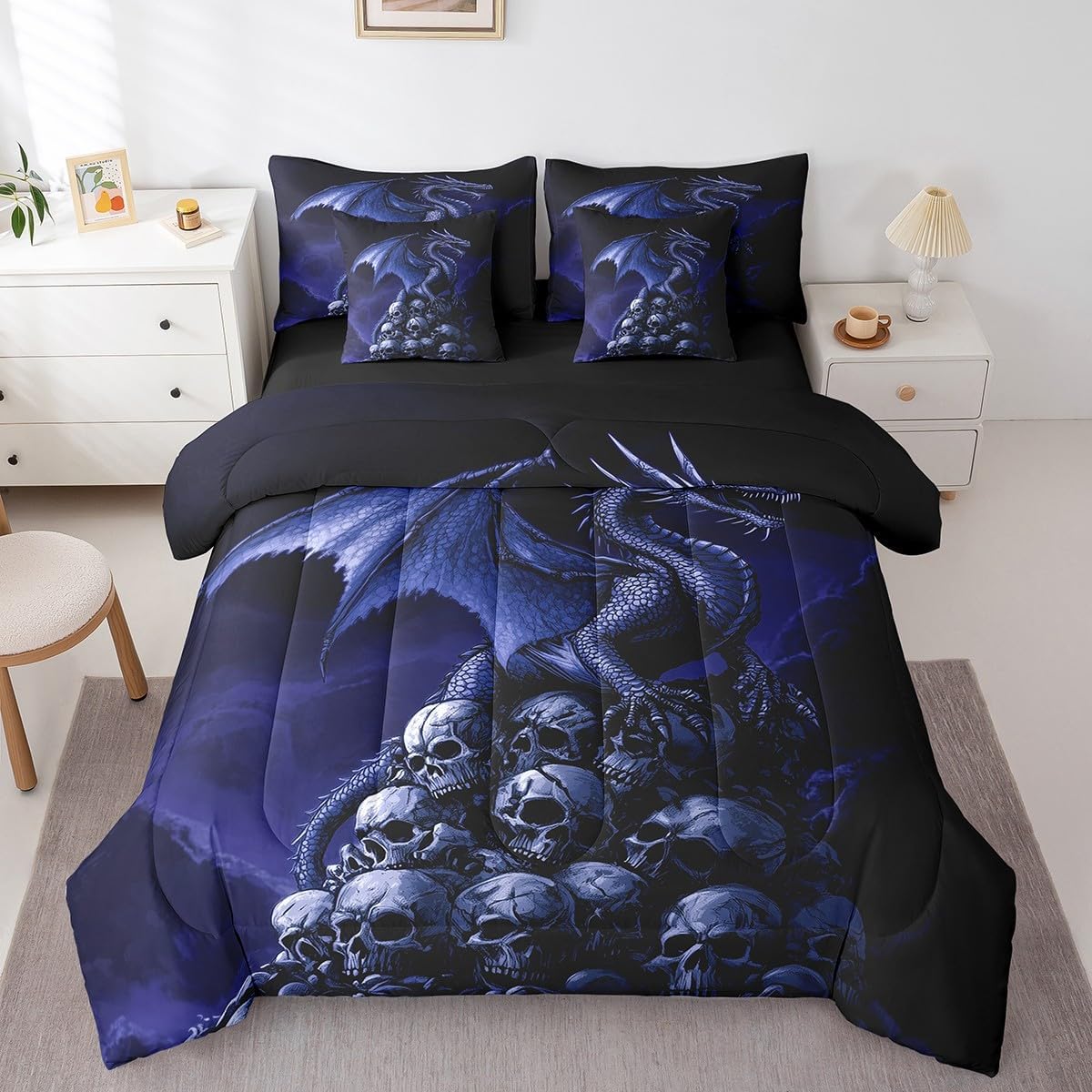 Manfei 7 Pieces Blue Dragon Kids Comforter Set Queen Size, Gothic Skull Bedding Set for Boys Girls Room Decor, Ancient Wild Animal Bed in a Bag with Comforter,Fitted Sheet,Top Sheet and Pillowcases