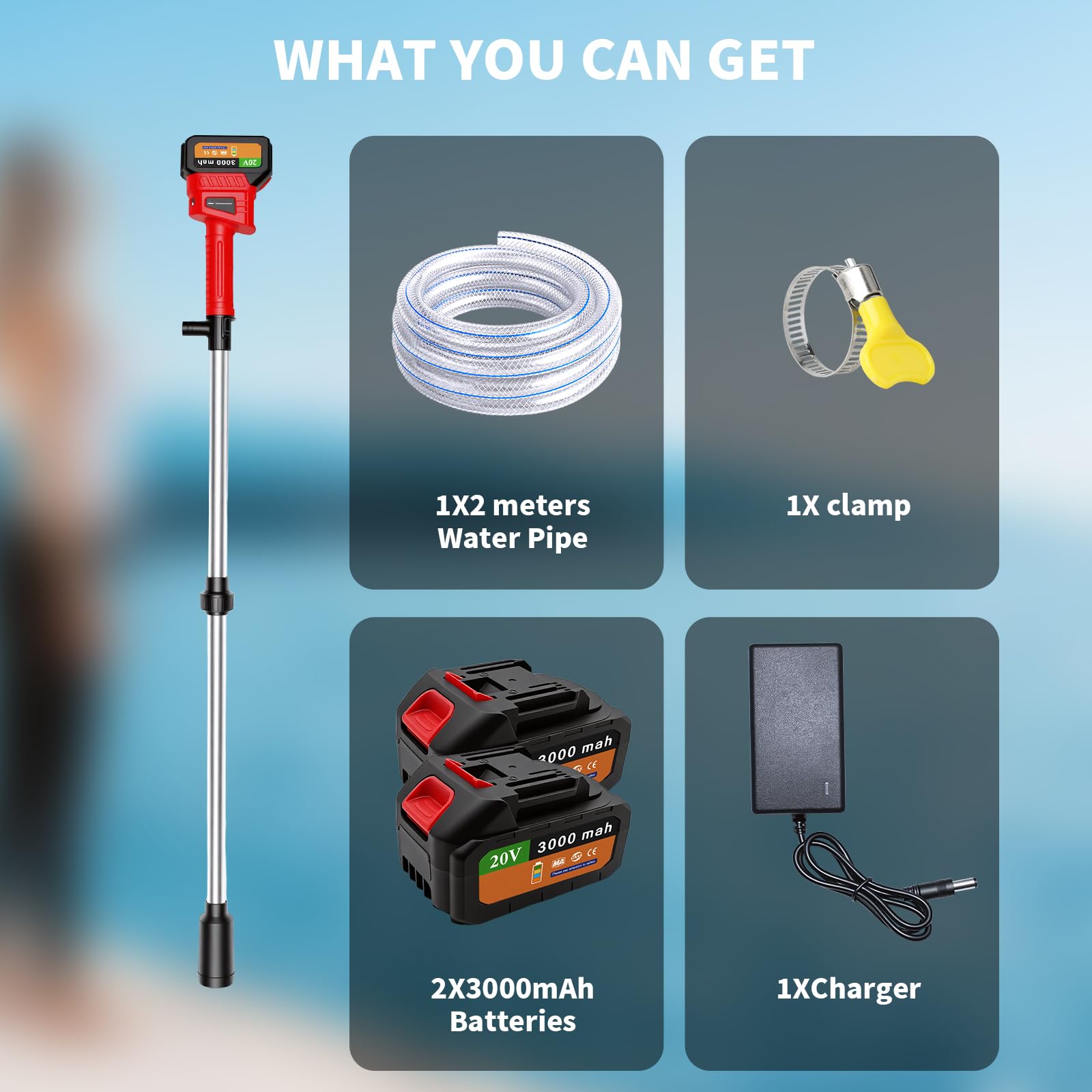 Akku Regenfasspumpe mit 2 Akkus – Elektrische Regenwasserpumpe 12000r/min, Tragbare Akku Fasspumpe mit 2M Schlauch, Handheld Wasserpumpe für Regentonne, Aquarium, Baustelle & Garten