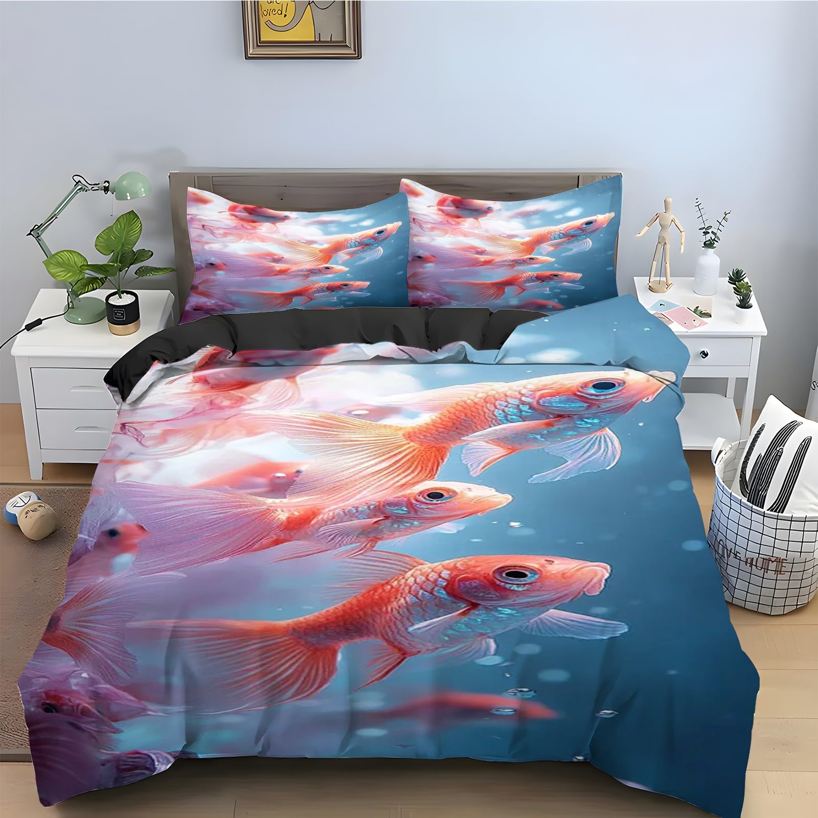 Housse de couette 220x240 poisson rouge avec fermeture éclair pratique
