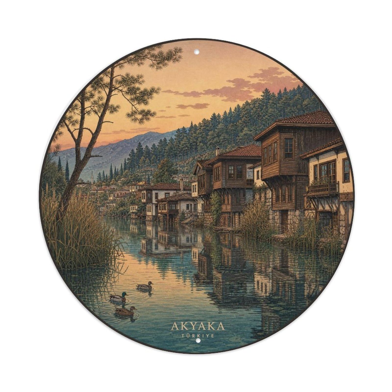 Akyaka Turkey Riverside Town Travel Woodblock Style Metal Tin Sign