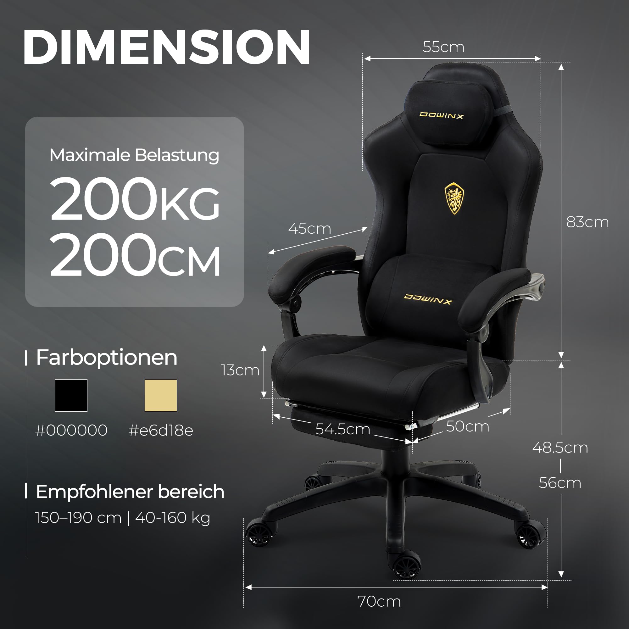 Dowinx Gaming Stuhl Ergonomisch mit Lendenkissen, Höhenverstellbare Kopfstütze, Verdicktes Sitzpolster, Ausziehbare Fußstütze, Verstellbare Armlehnen, Mikrofaser-Velours, 160° Neigbar, Schwarz
