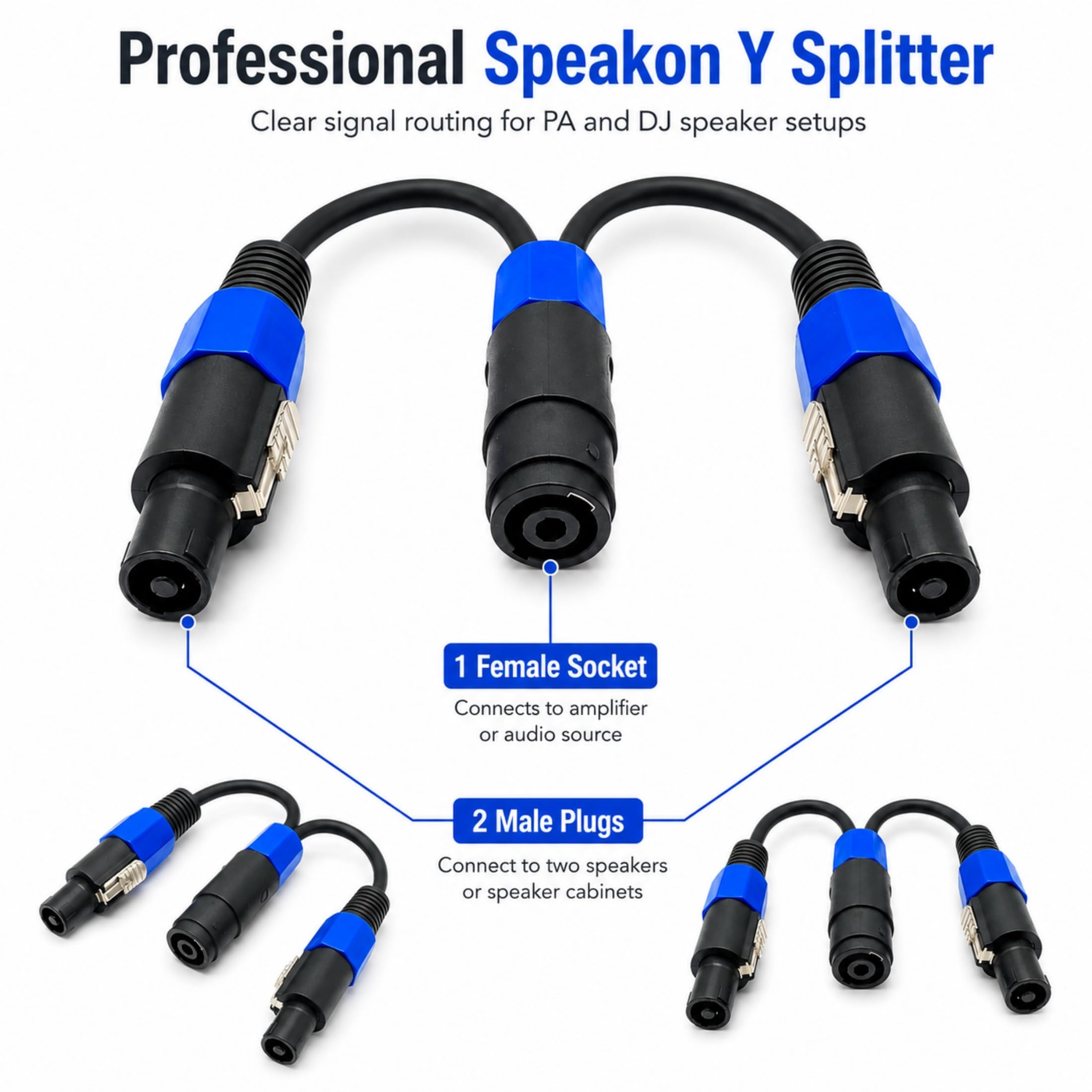 Speakon femmina a Speakon maschio, cavo splitter Speakon, cavo universale per altoparlanti DJ/PA, da 1 femmina a 2 maschi (confezione da 2) (da 1 femmina a 2 maschio)
