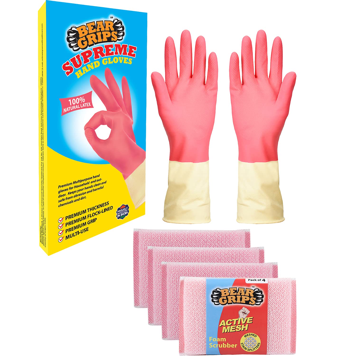 BEAR GRIPS Supreme reusable household hand Gloves for dish washing and cleaning with Pack of 4 Active mesh stain splitter net scrubbers combo