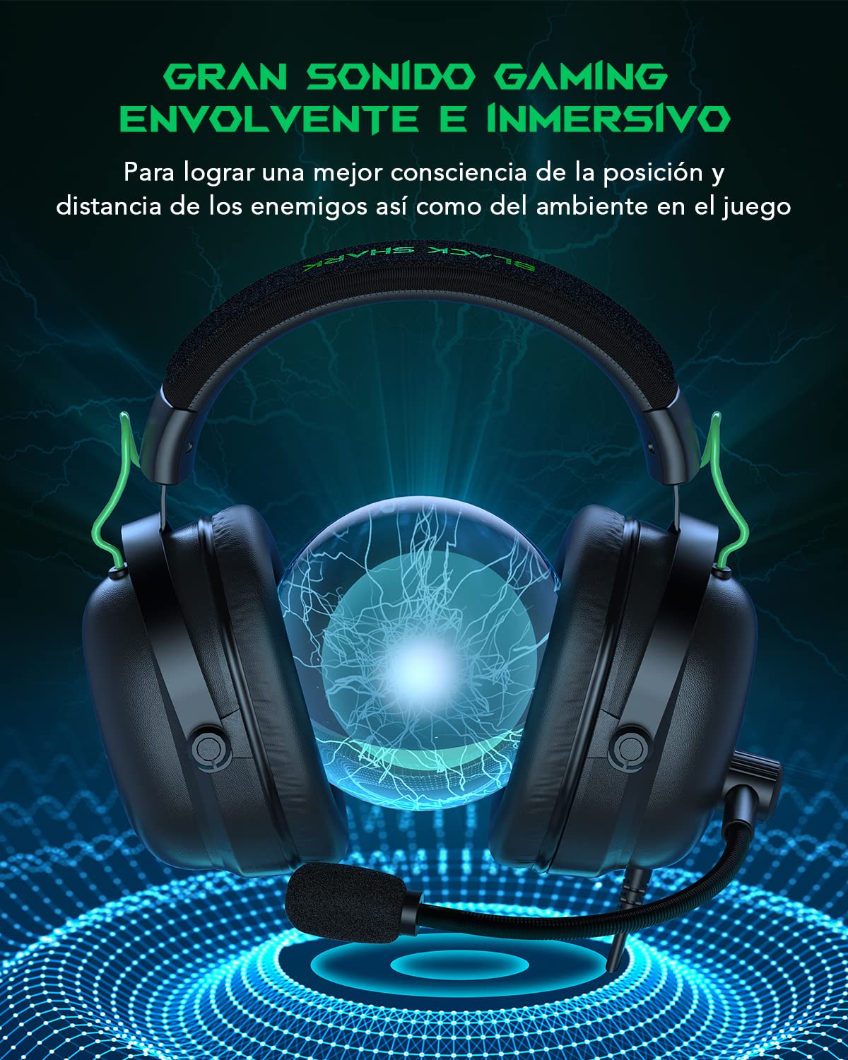 Black Shark Cascos Gaming con Cardioide Cancelación Ruido, Auriculares Gaming para PC, PS4, PS5, Xbox, Switch, Controladores Dinámicos de 50 mm, Over-Ear Cascos con microfono y Luz LED