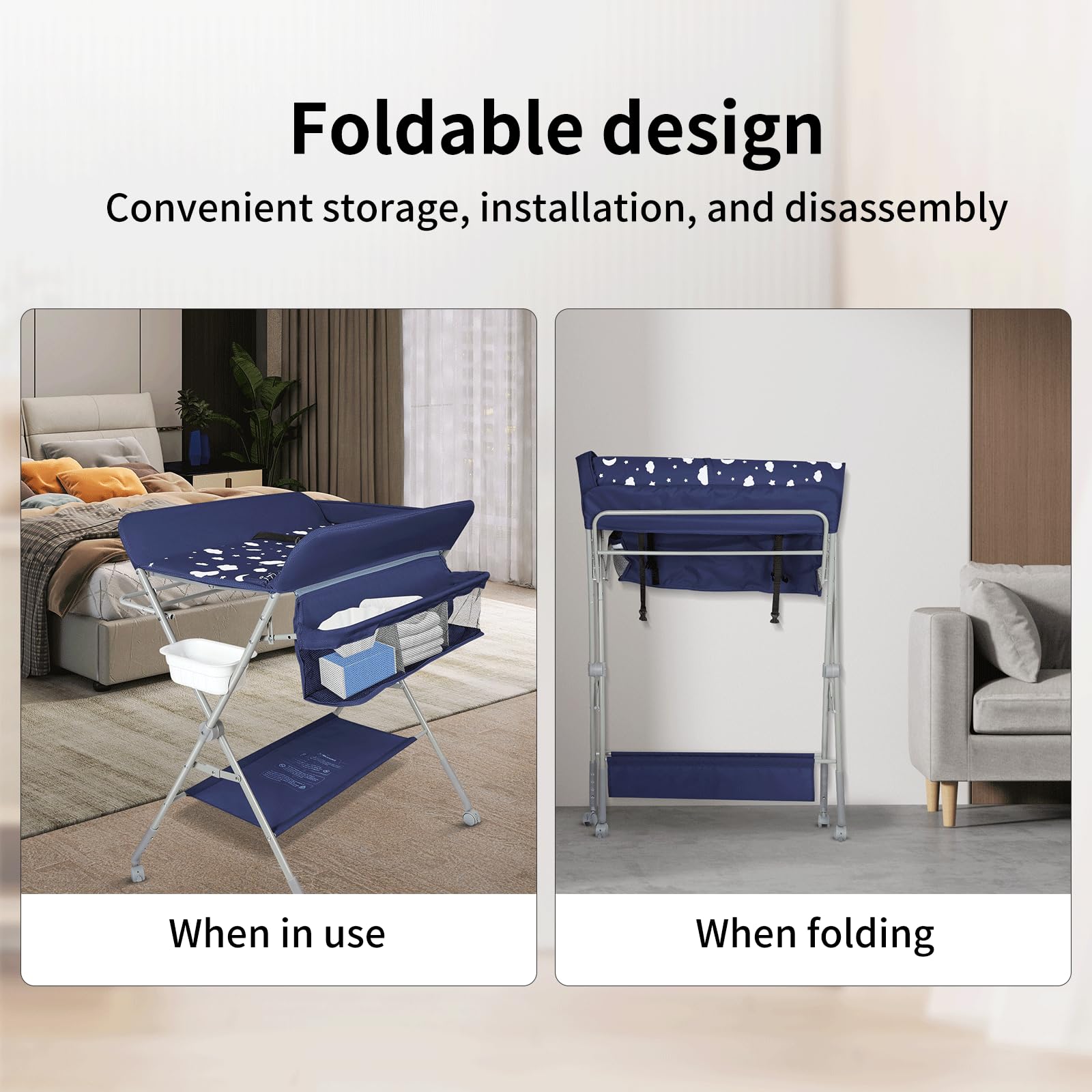 Cambiador Bebé, Cambiador Portátil Plegable con Ruedas y Espacio de Almacenamiento Cambiador para Bebé Altura Ajustable Carga hasta 15kg (azul marino-77 * 63 * 101cm)