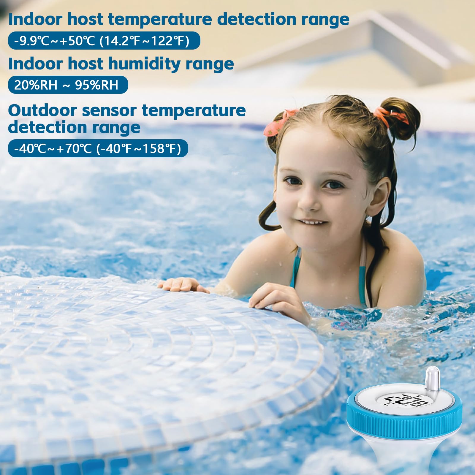 Thermomètre de Piscine Connecté Sans Fil IP67 Flotter Bleu