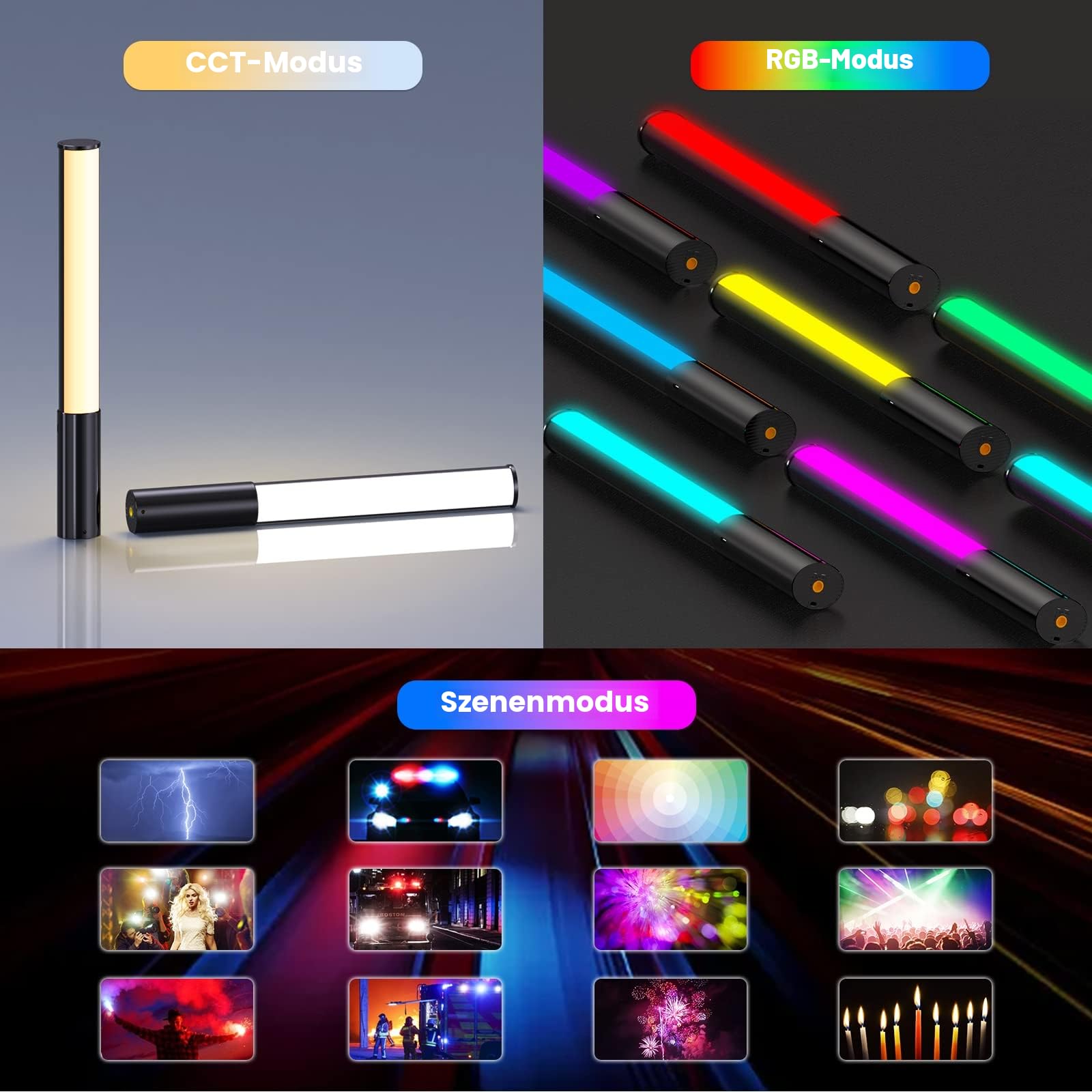 LUXCEO P400 LED Videoleuchte RGB Lichtstab Fotografie, 360° Volle Farbe RGB Tube Light, 500Lux@0.5m, 2500K-6500K, CRI95+, Helligkeit 0–100% einstellbar, 12 Effekte für Vlog,YouTube,Fotografie