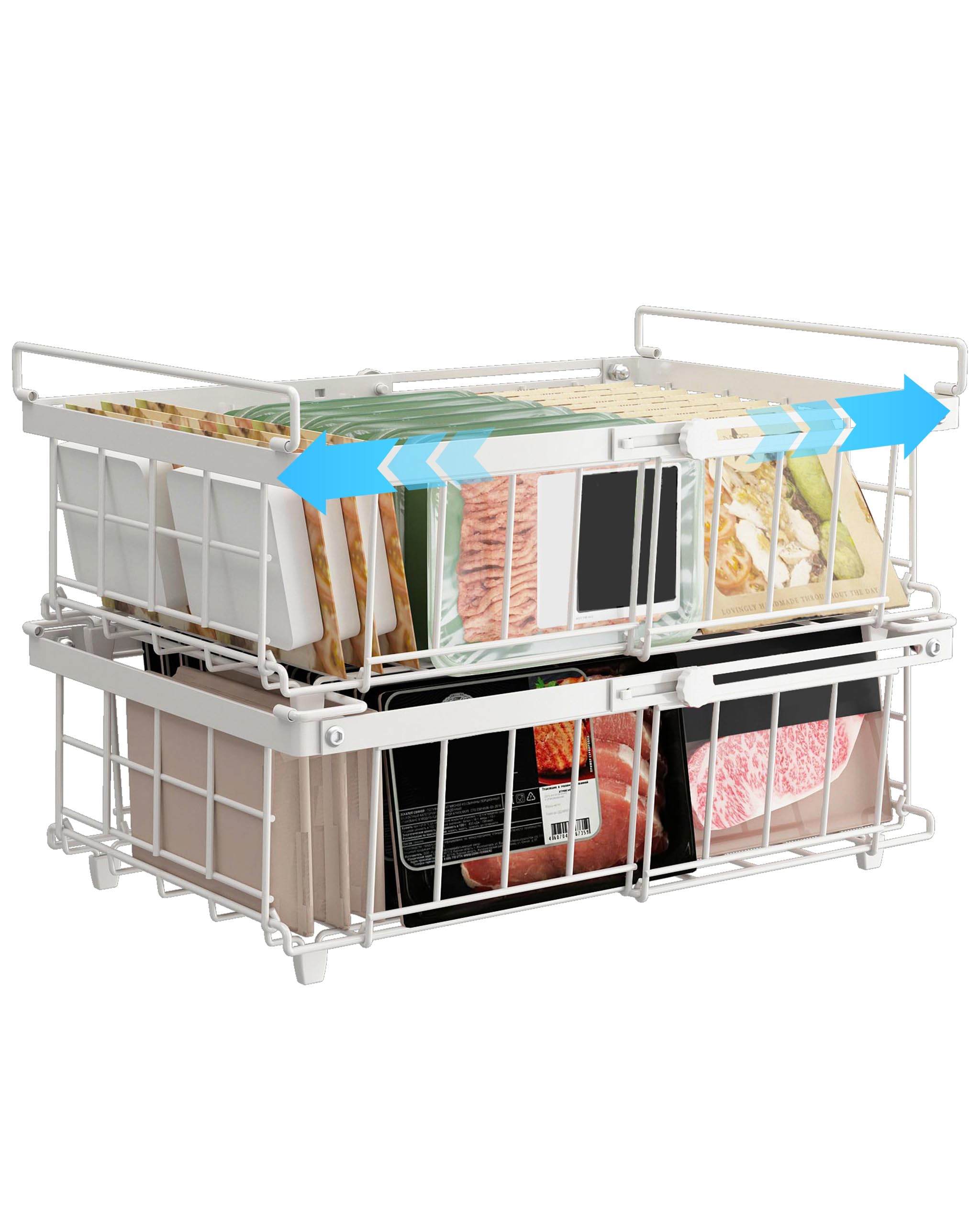 UMDONX Paniers de congélation Blanc- 2 paquets de paniers de congélation pour coffre for 283 à 566L congélateur - Organisateur de congélation empilable pour coffre,Longueur extensible(29-45x30x15cm)