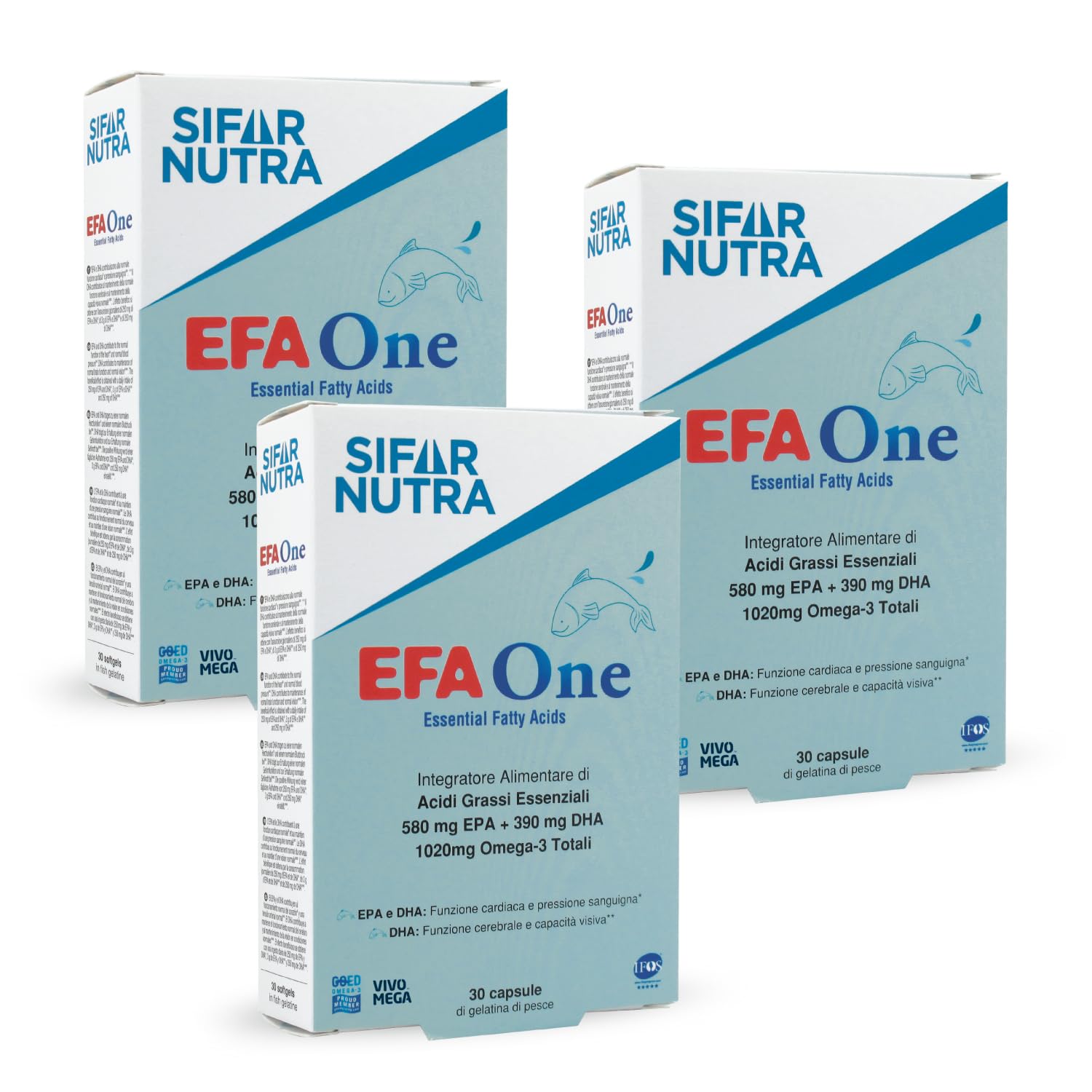 Sifar Nutra EFA One | IFOS 5-Sterne zertifiziert |Fischöl Omega 3 1020 mg| 580 mg EPA +390 mg DHA | Herzfunktion |Nahrungsergänzungsmittel für das Gedächtnis|Triglyceridform| 90 Kapseln (3 Packungen)