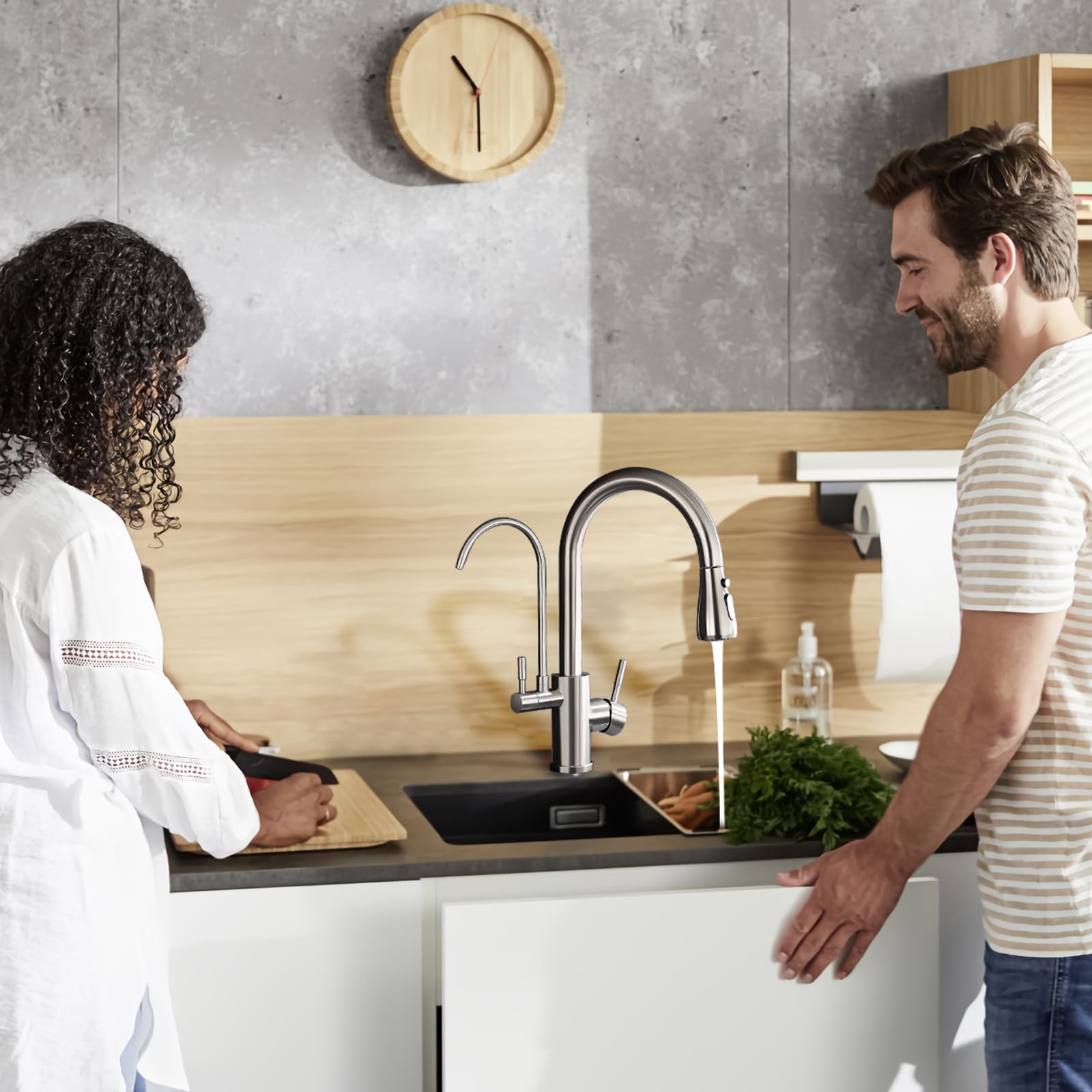 ROVOGO Mitigeur Robinet d'Evier de Cuisine 3 Voies à Eau Filtrée en Acier Inoxydable 304 Brossé, Douchette Extractible à 3 Modes, 2 Manches pour Eau Chaude/Froide/Potable, Bec en C 360° Rotatif