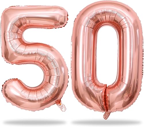Globos de cumpleaños número 50 color oro rosa, globos grandes de Mylar de 40 pulgadas con el número 5 y 0 para decoraciones de fiesta de aniversario