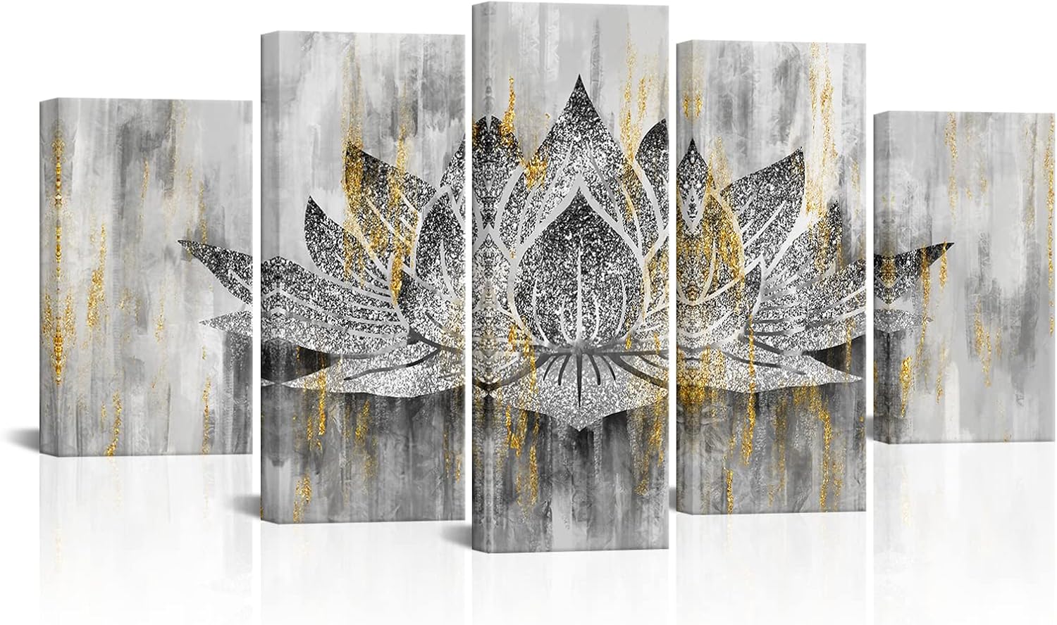 LevvArts 5 Panel Lotus Flower Wall Art Trendy Silver Golden Flower Painting Canvas Prints Zen Lotus Picture Artwork for Living Room Yoga Meditation Spiritual Decor Framed Ready to Hang