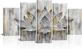 LevvArts 5 Panel Lotus Flower Wall Art Trendy Silver Golden Flower Painting Canvas Prints Zen Lotus Picture Artwork for Living Room Yoga Meditation Spiritual Decor Framed Ready to Hang